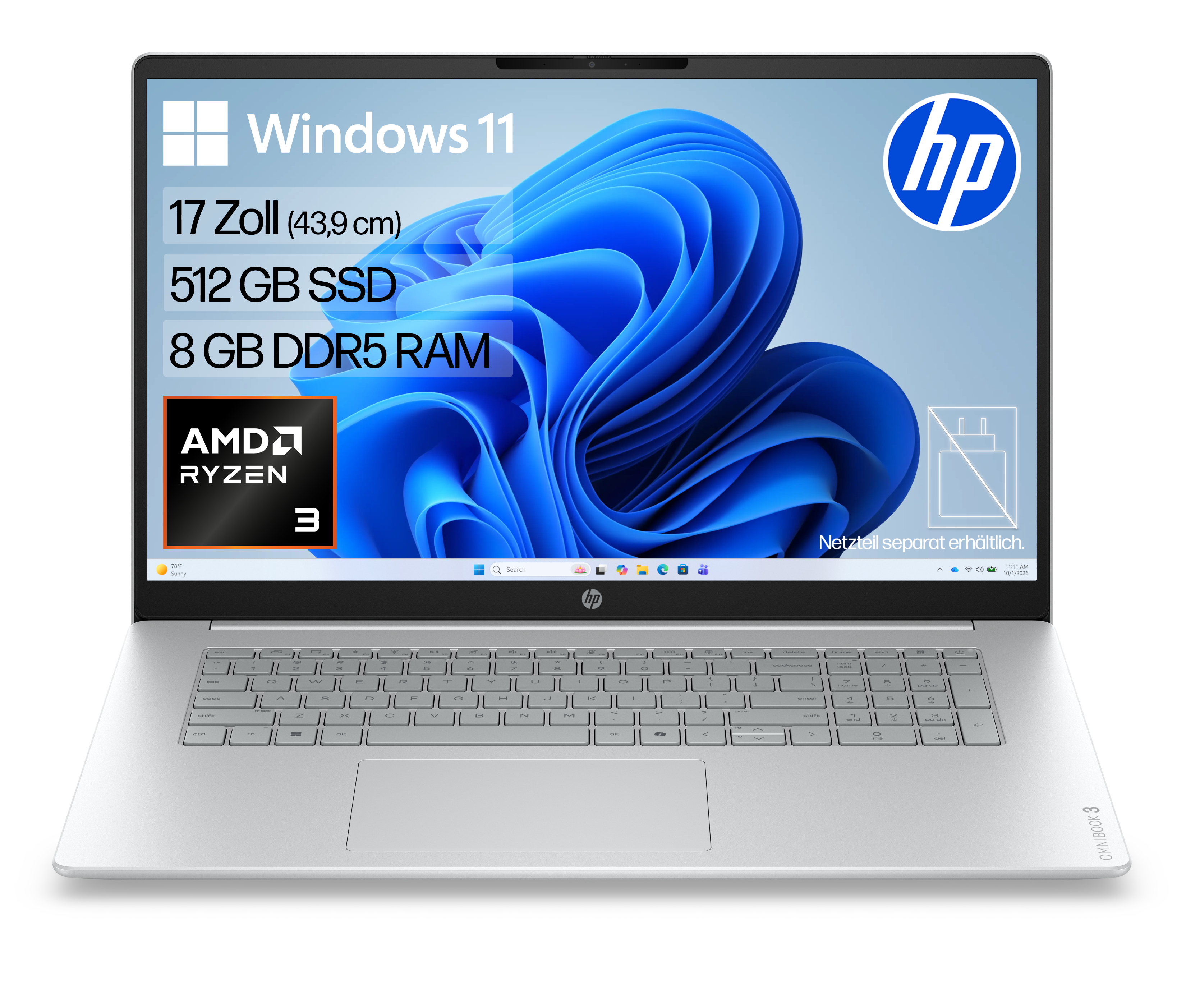Ein silberner HP Laptop mit Windows 11, 17 Zoll, 512 GB SSD, 8 GB RAM, AMD Ryzen 3.
