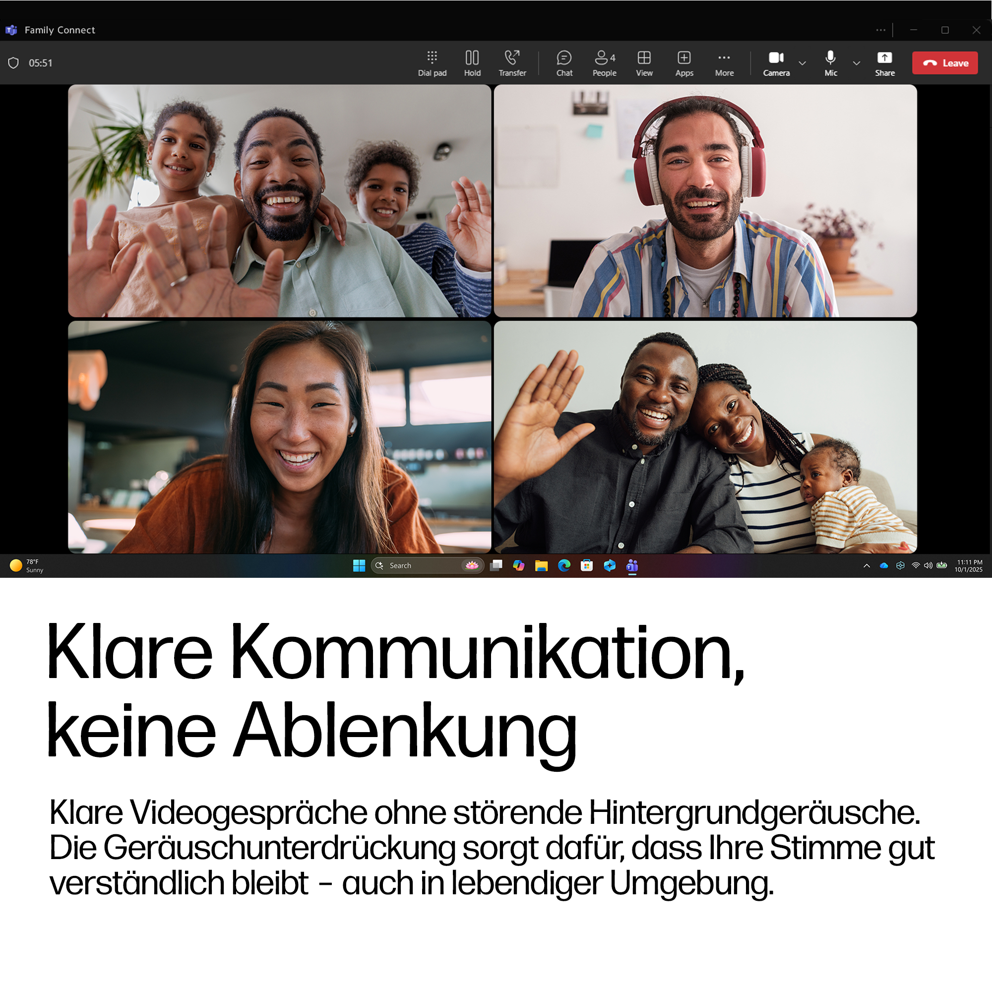 Vier Personen in einem Videoanruf: Familien und Einzelpersonen winken.