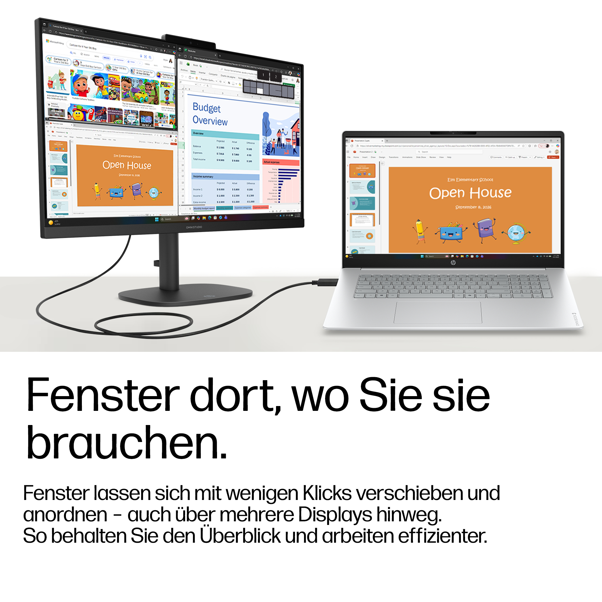 Ein Monitor zeigt eine Budgetübersicht, ein Laptop eine Open House Präsentation.