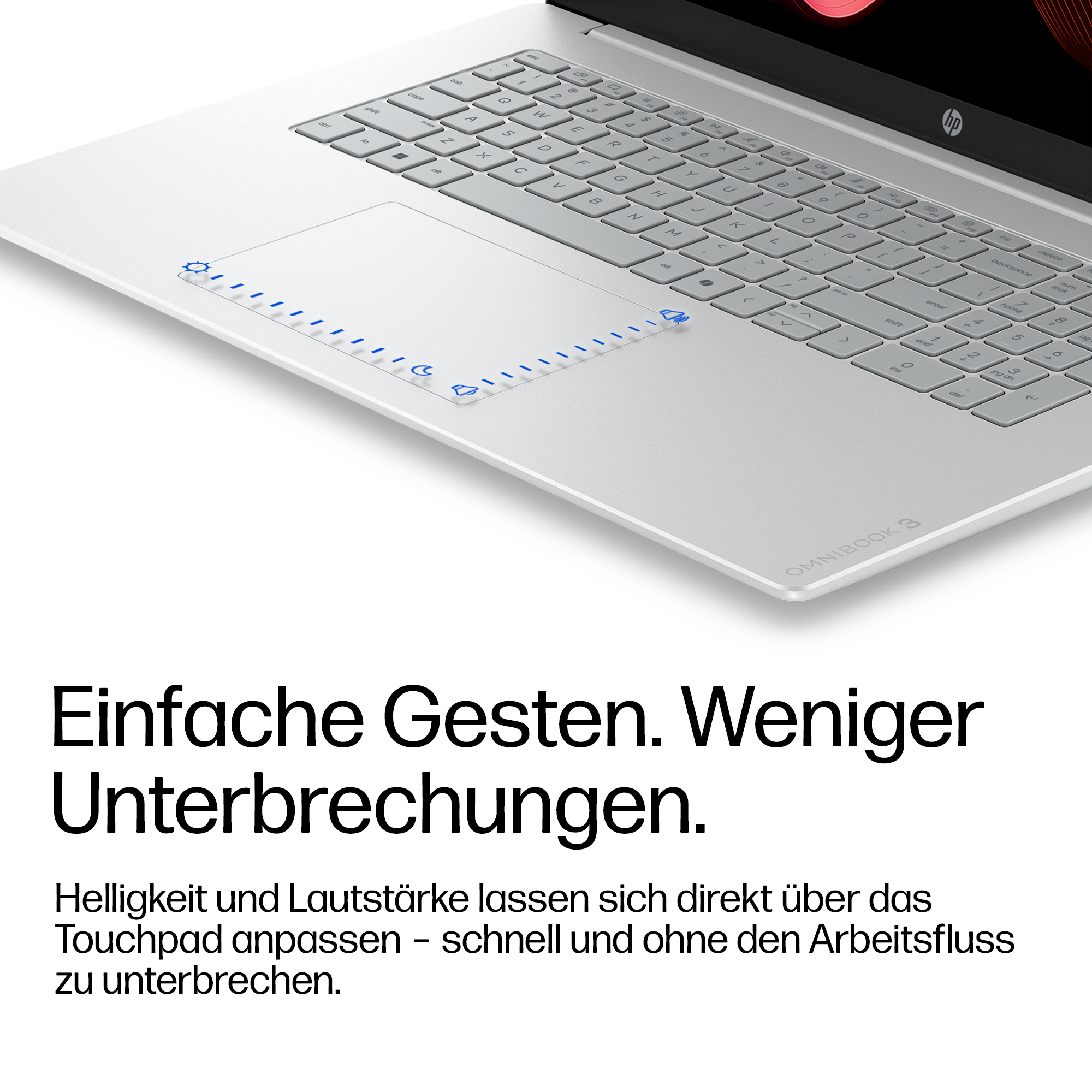 Silberner Laptop mit beleuchtetem Touchpad und Tastatur. Oben steht OMNIBOOK 3.