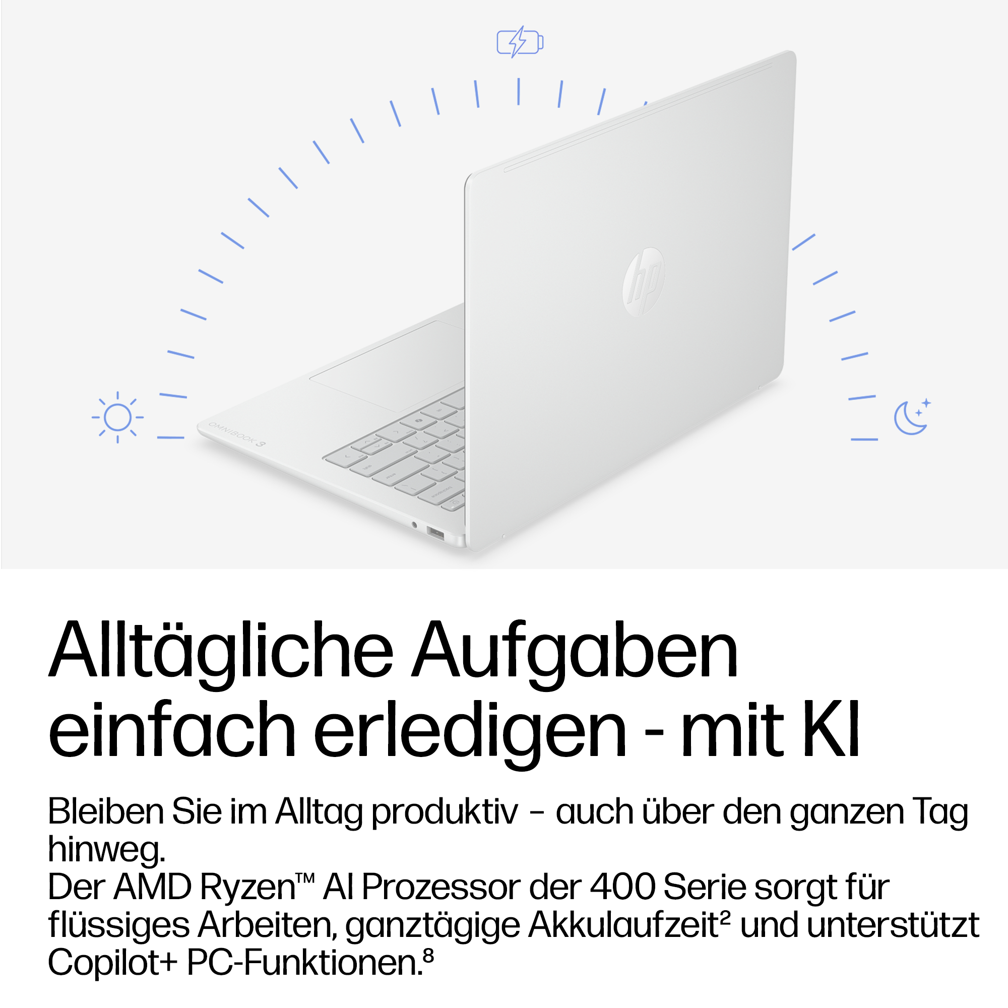Ein weißer Laptop mit einem Lade- und Sonnensymbol und blauen Strichen.