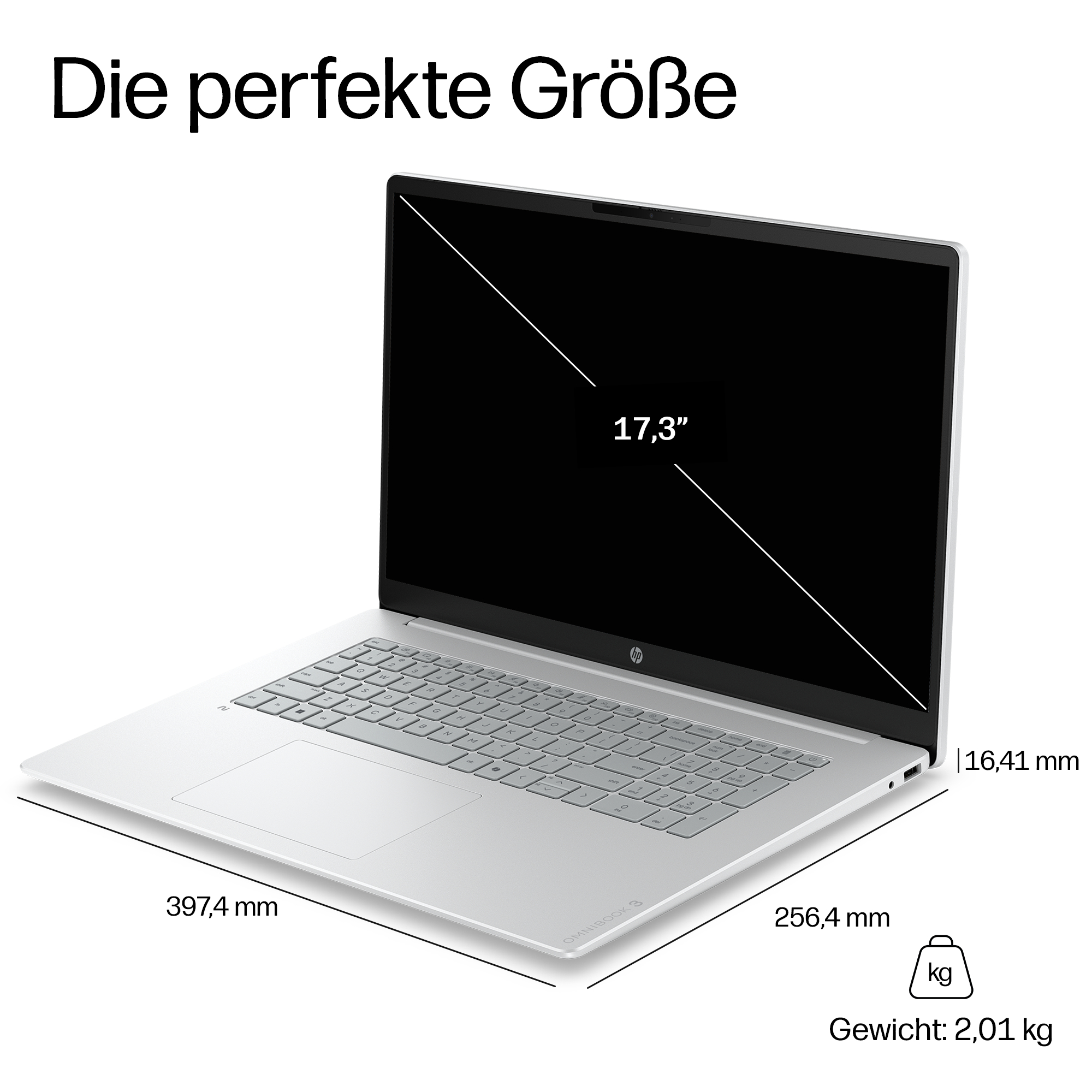 Ein silberner HP Omnibook 3 Laptop mit 17,3-Zoll-Bildschirm wird gezeigt.