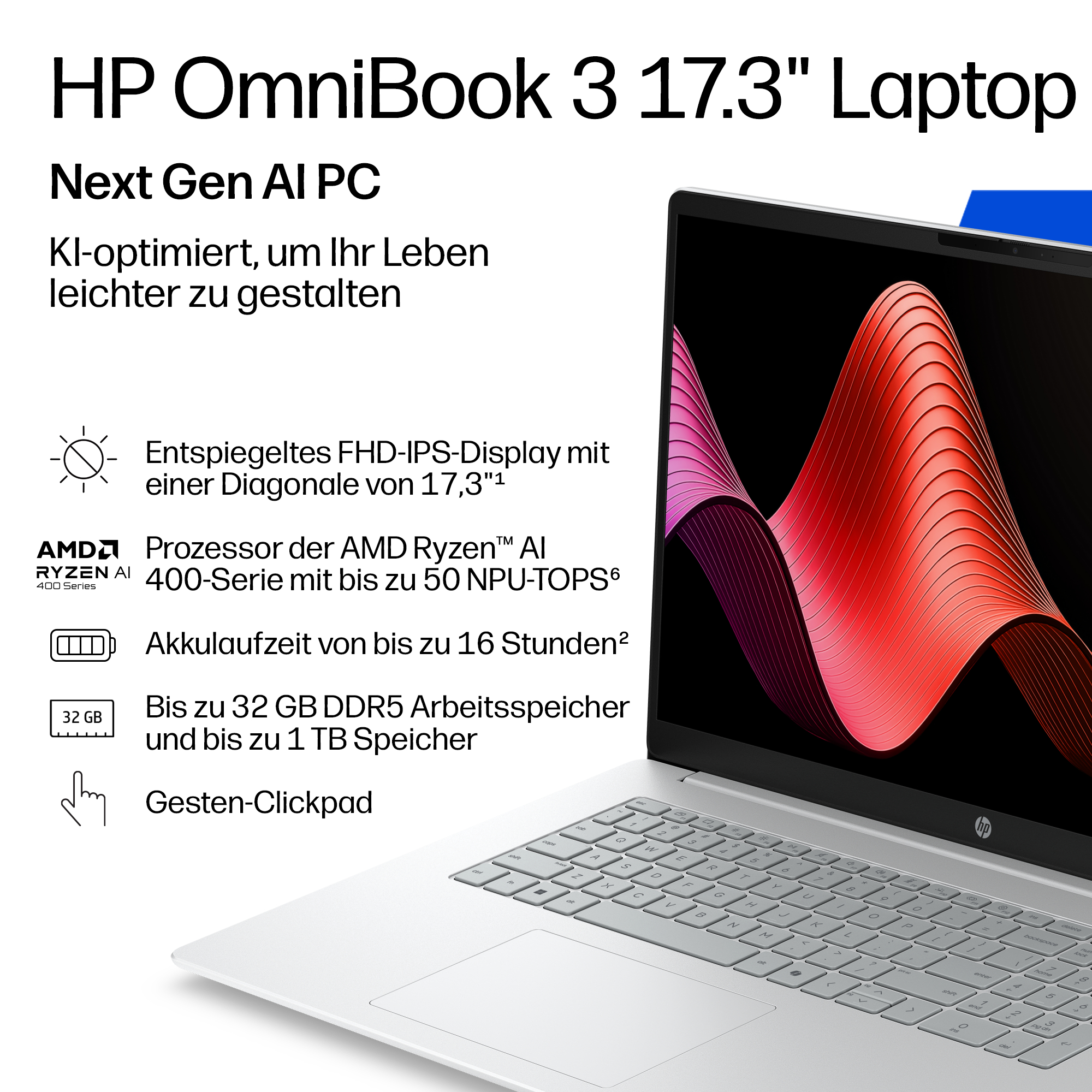 HP OmniBook 3 Laptop mit 17,3 Zoll Display, AMD Ryzen AI CPU, 32GB RAM, 1TB Speicher.