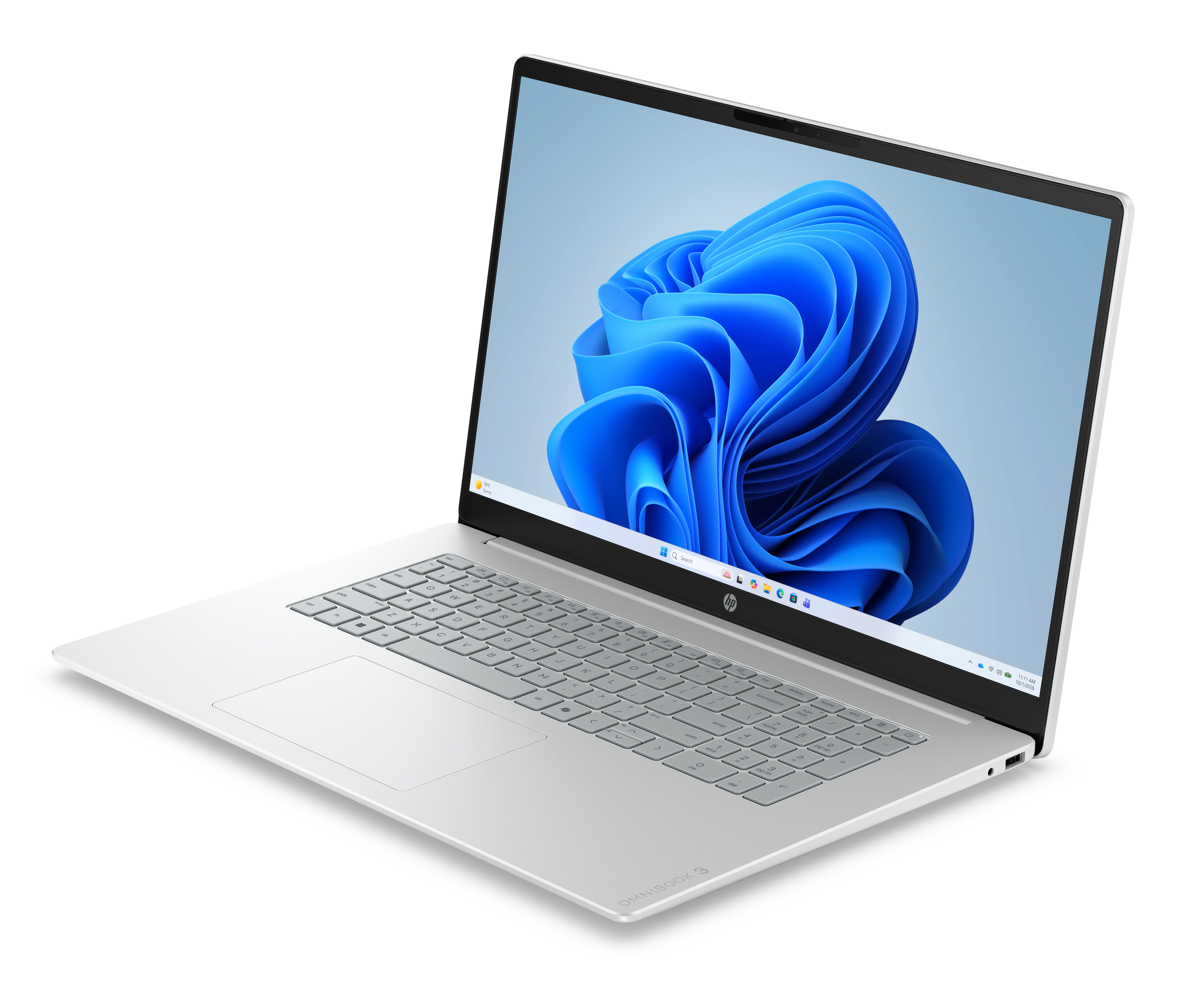 Ein silberner HP Omnibook 3 Laptop zeigt ein blaues Windows 11-Hintergrundbild.