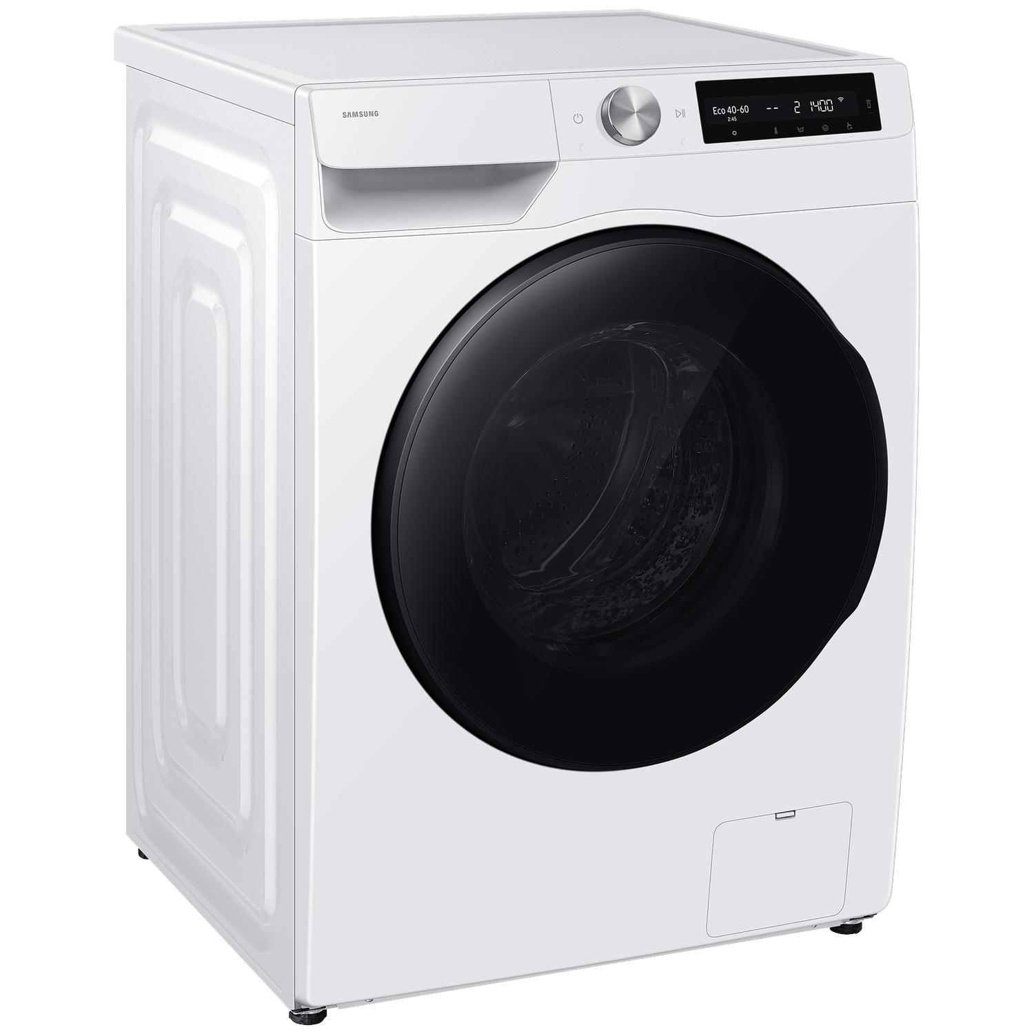 White Samsung washing machine with a black door and digital display.