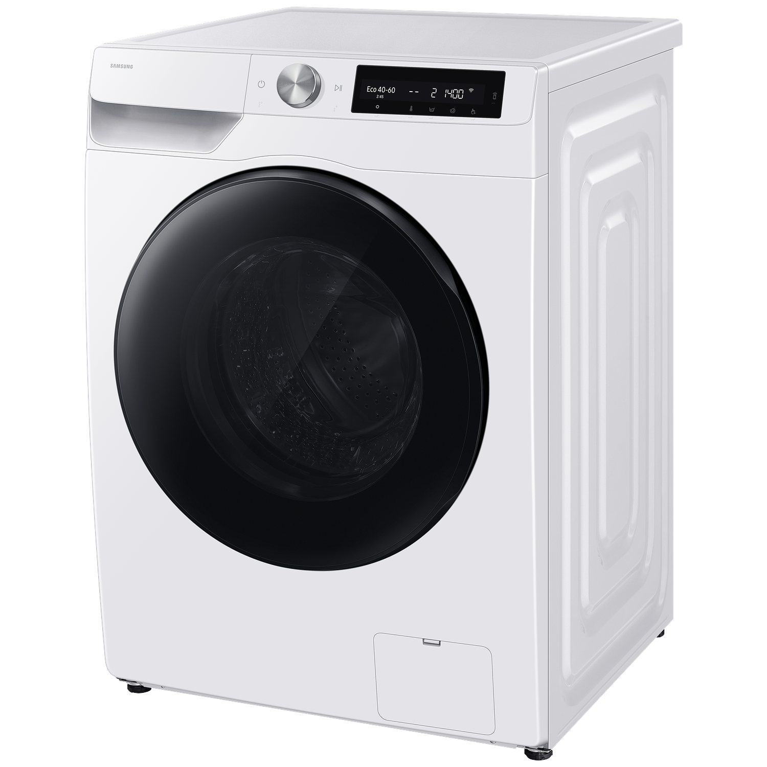 A white Samsung washing machine with a black door and digital display.