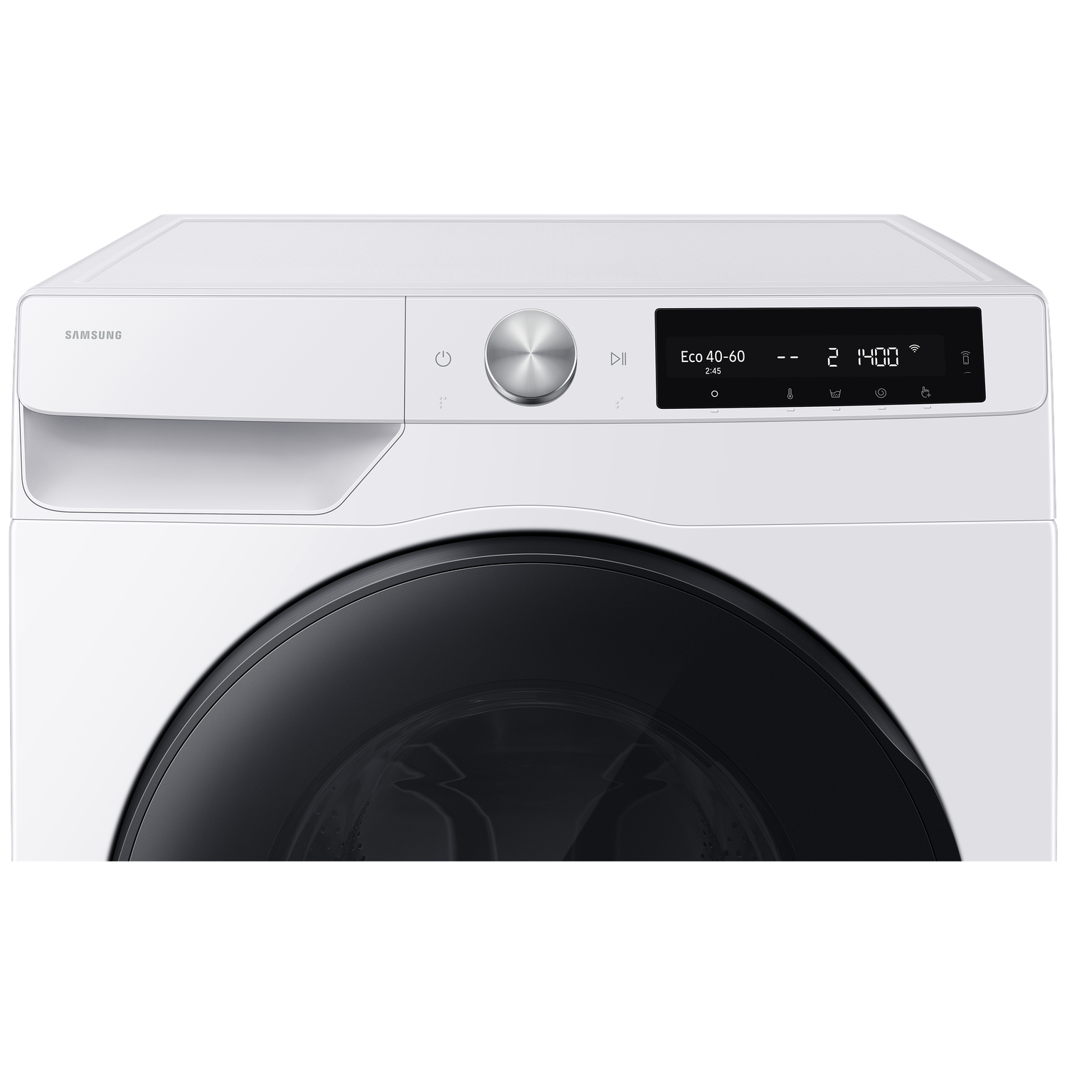 White Samsung washing machine with a digital display showing "Eco 40-60" and a black door.