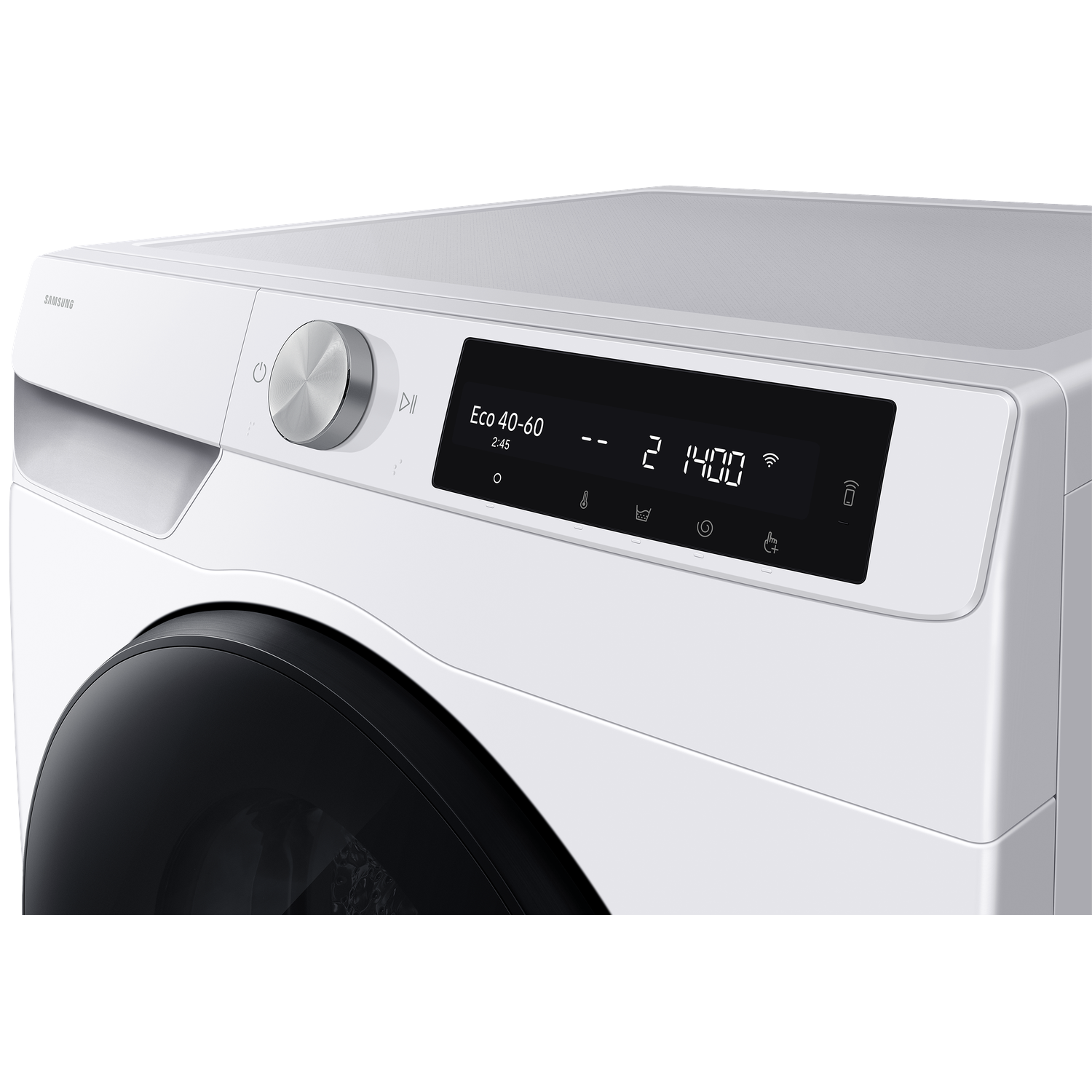 White Samsung washing machine with digital display showing Eco 40-60, 2:45, speed 1400, Wi-Fi, and child lock.