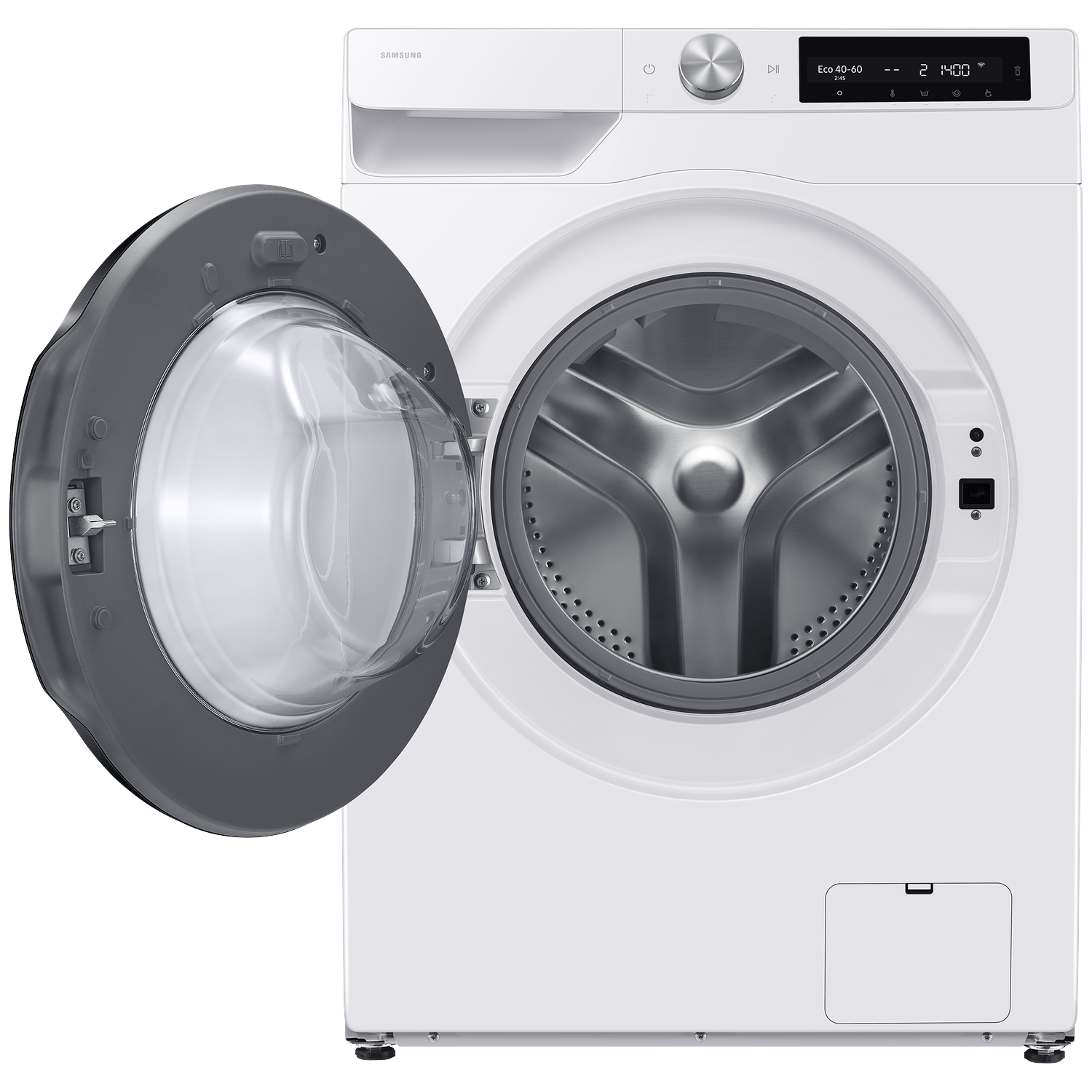 White Samsung washing machine with open door and digital display.