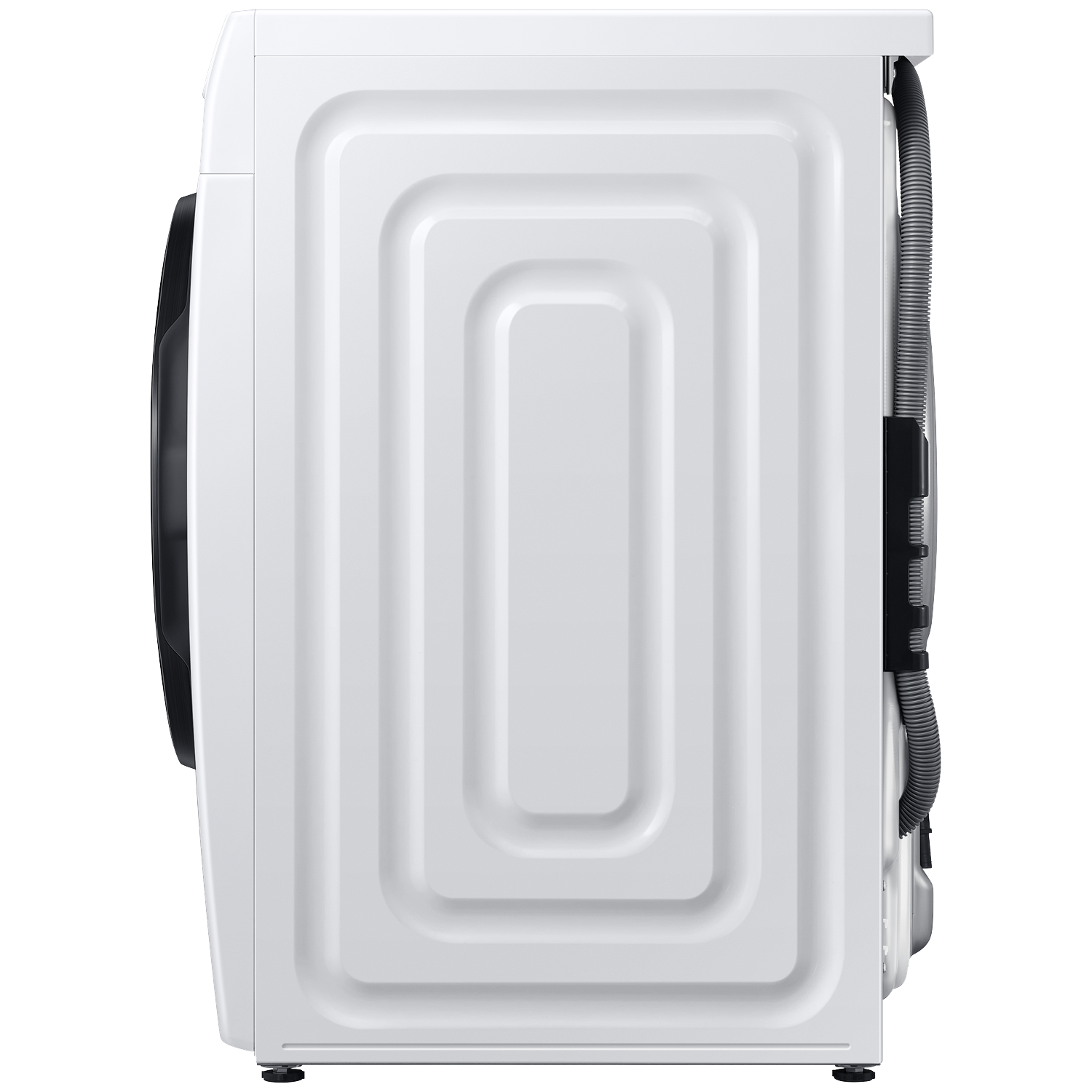 White washing machine from the side with black hose connection.