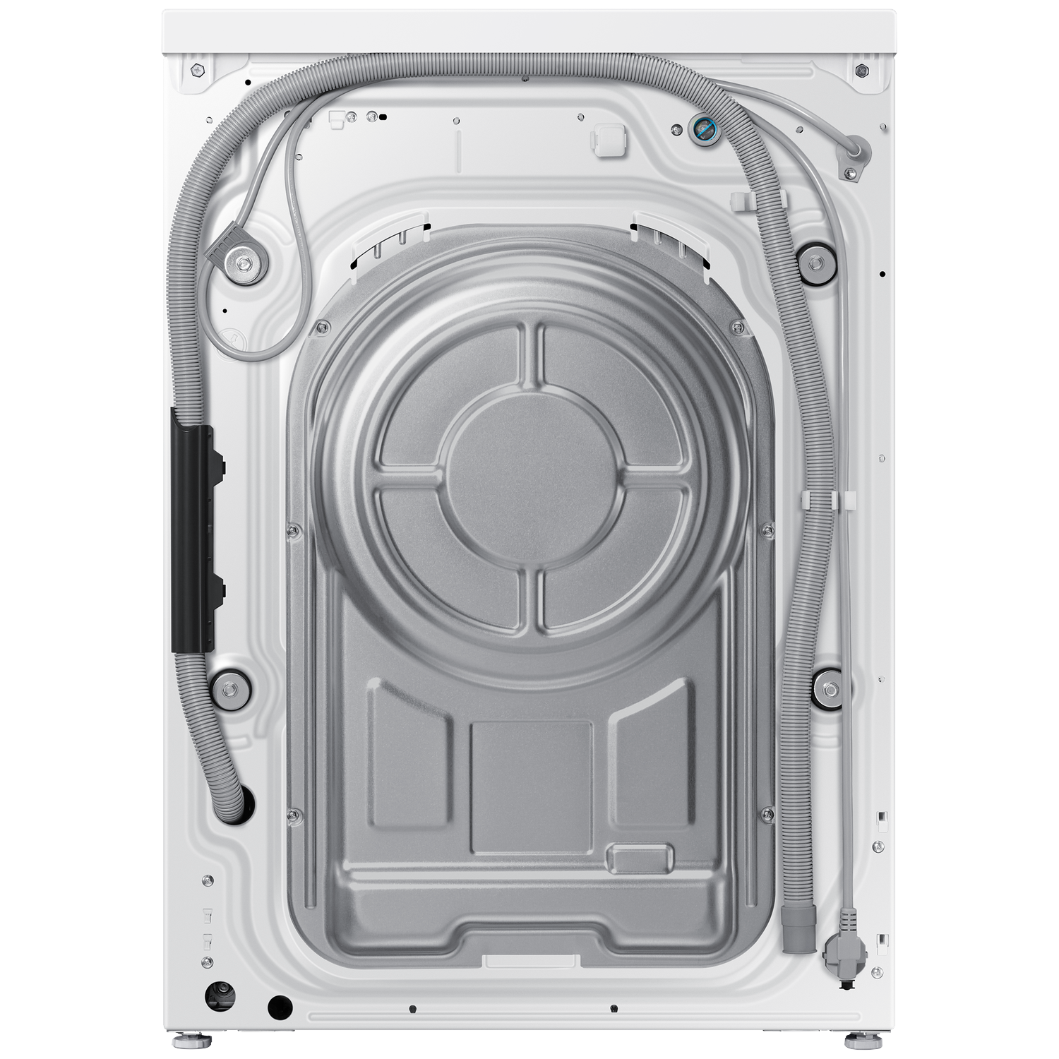 Back of a white washing machine with hoses and a metal cover.