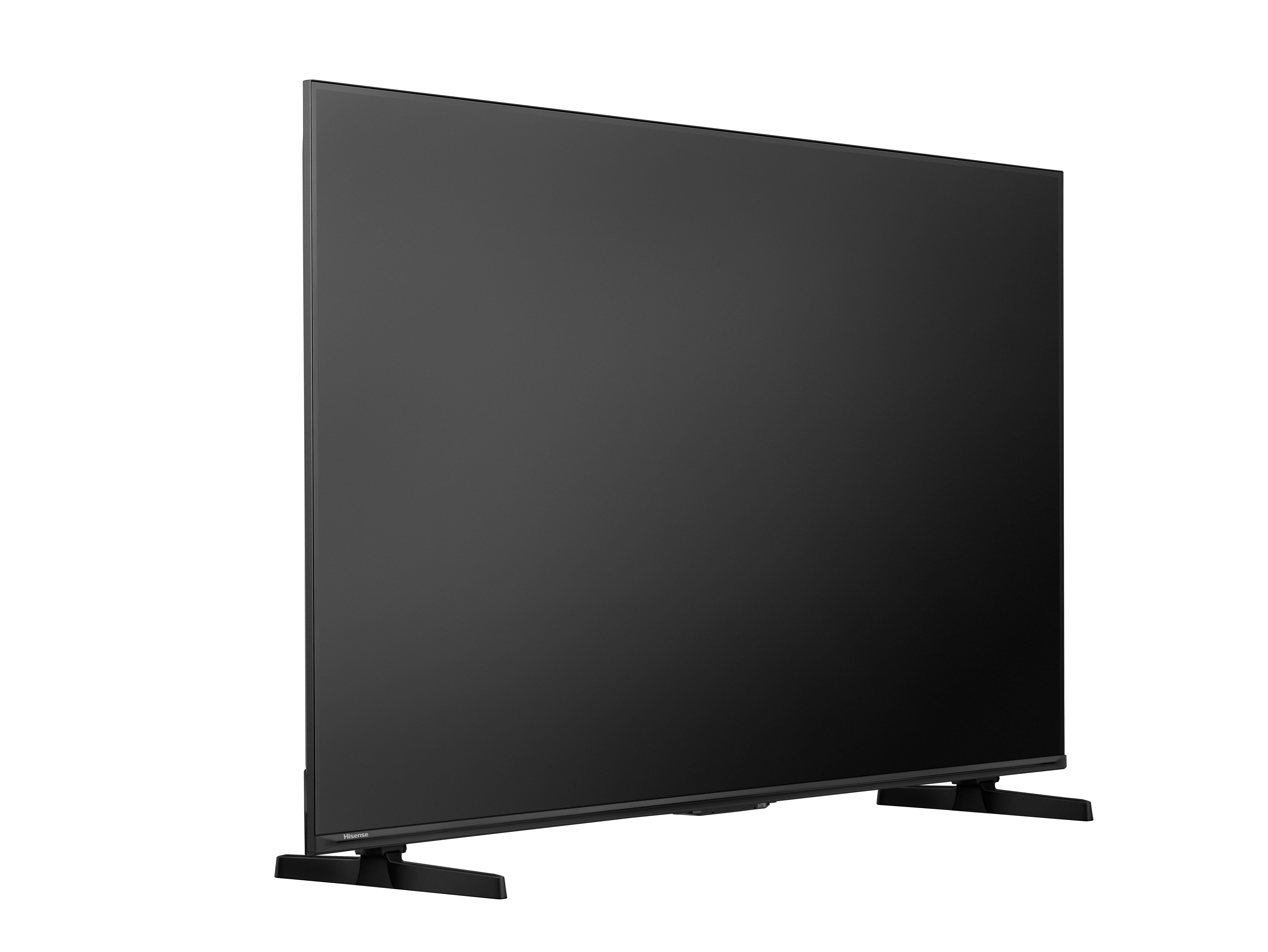 Ein schwarzer Hisense-Fernseher auf weißem Hintergrund mit zwei schwarzen Füßen.