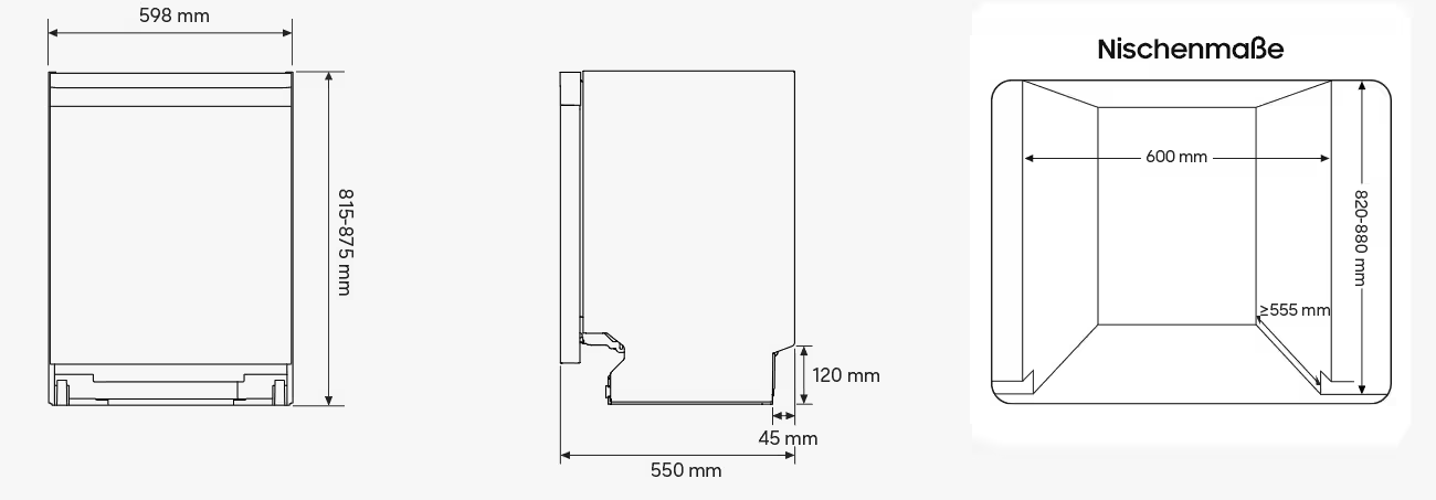 Technische Zeichnung mit Maßen für Einbaugerät: Breite 598 mm, Höhe 815-875 mm.