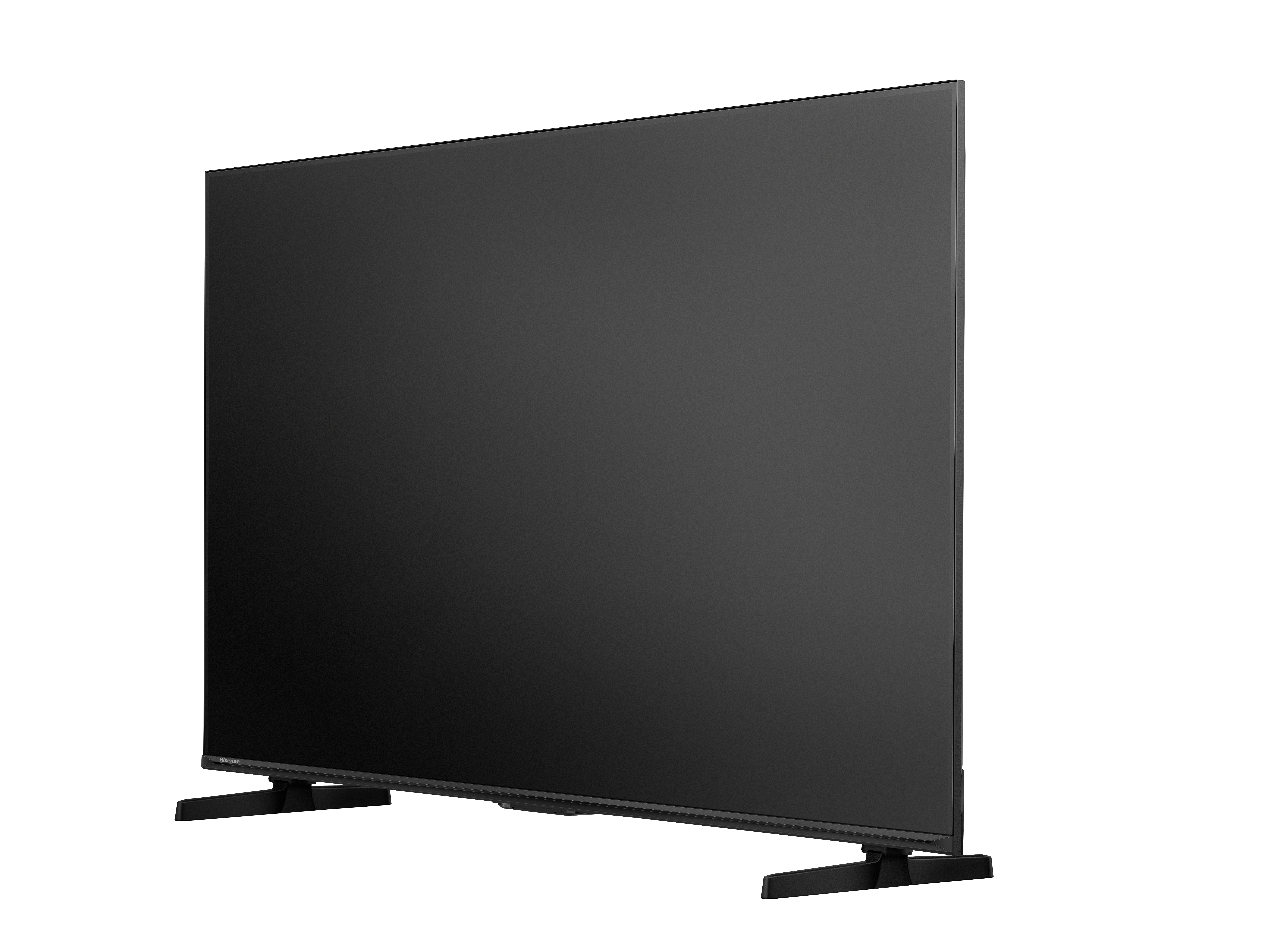 Ein schwarzer Fernseher steht auf schwarzen Füßen vor weißem Hintergrund.