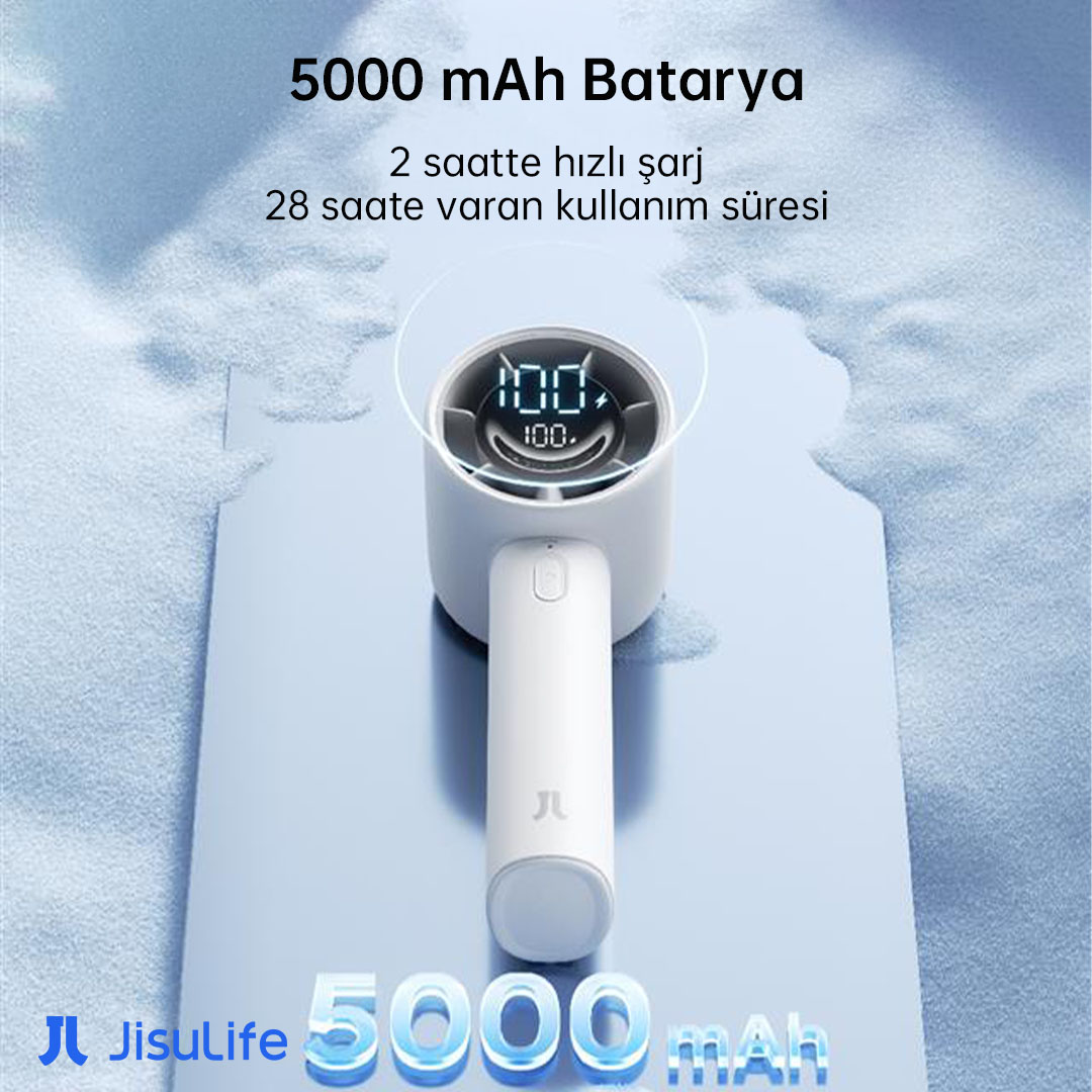 5000 mAh bataryalı beyaz el tipi fan, %100 şarj gösteriyor.