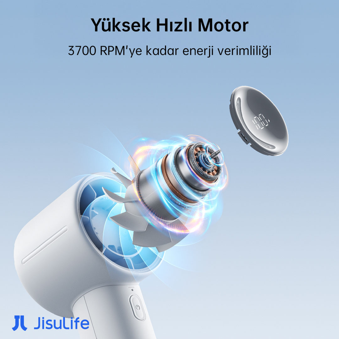 Görünür yüksek hızlı motora ve pervaneye sahip beyaz vantilatör. Dijital ekranlı gri kapak yakında süzülüyor.