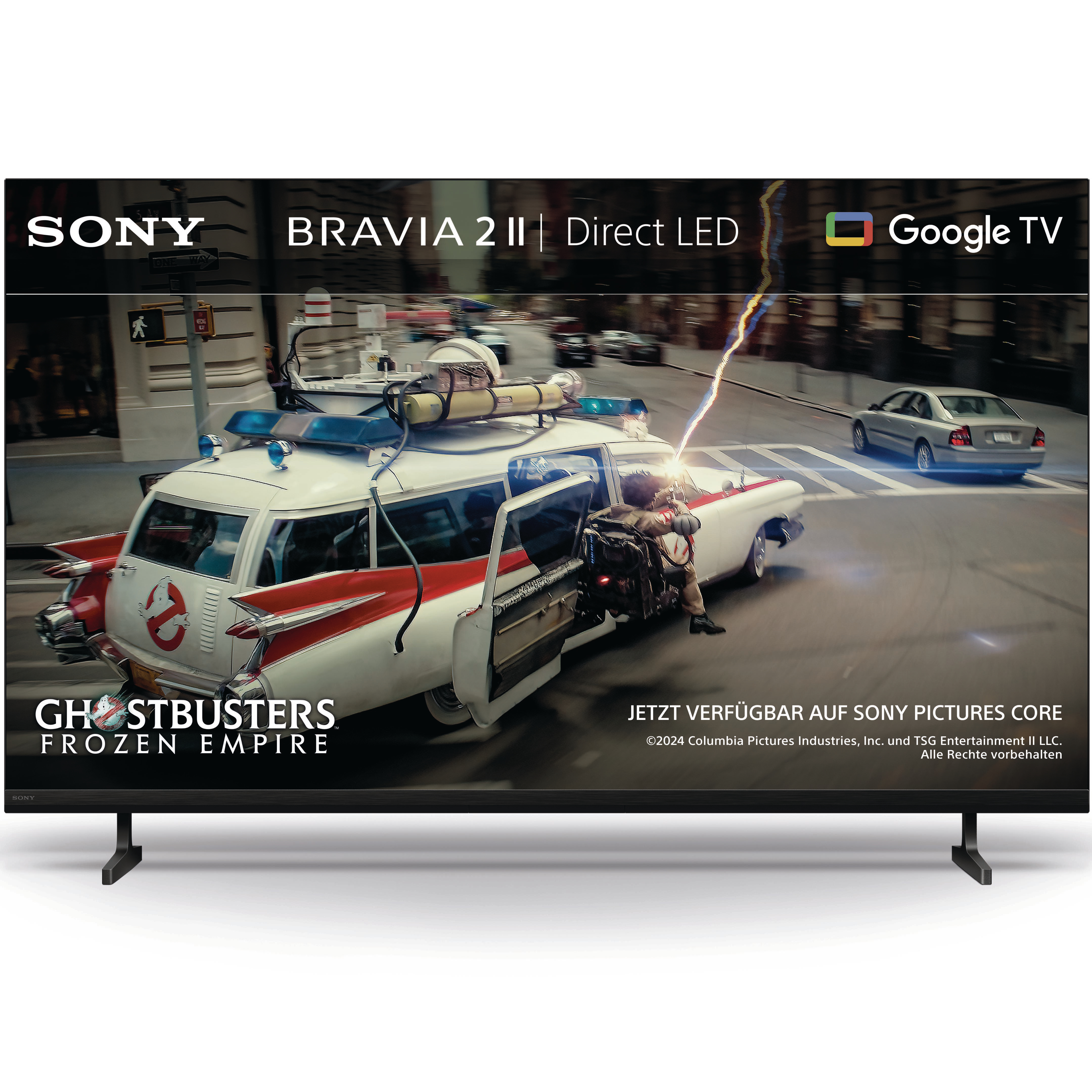 Sony Bravia TV zeigt Ghostbusters-Film mit Ecto-1 und Energieentladung.