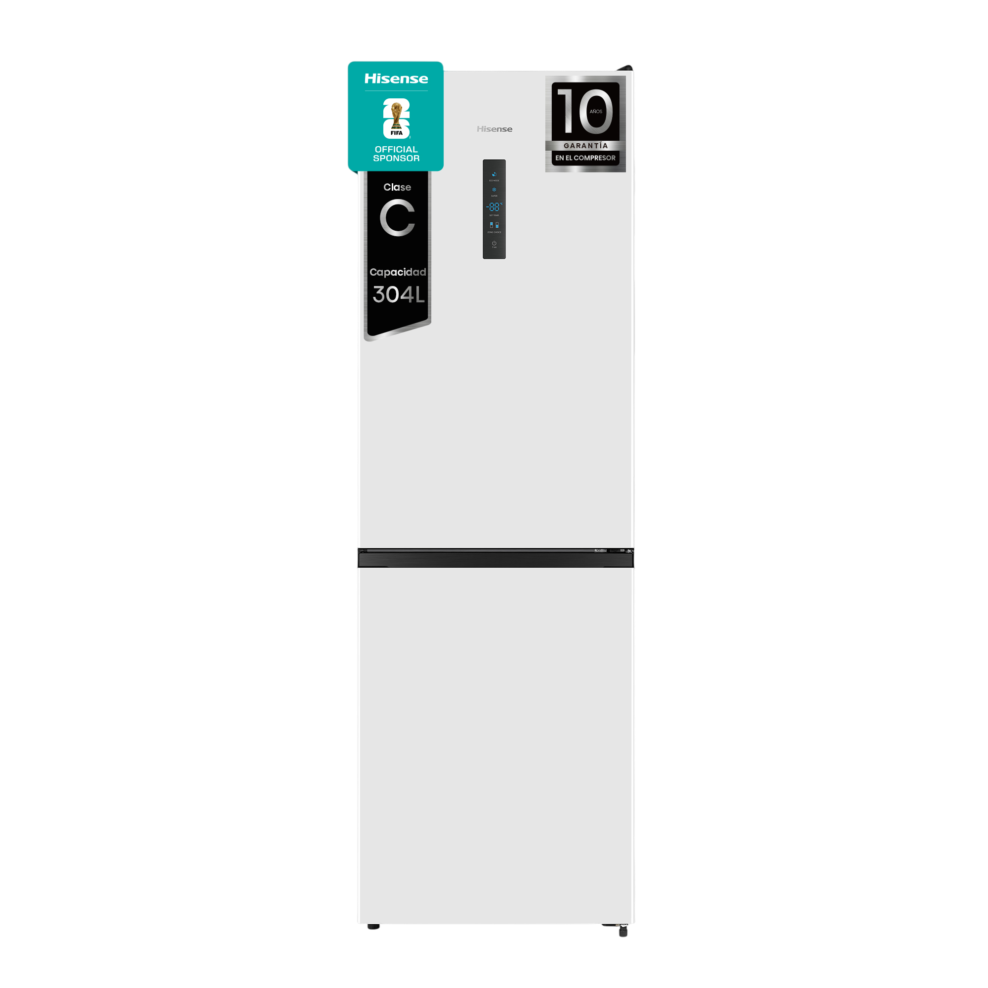 Un refrigerador Hisense blanco con capacidad de 304L y logo de patrocinador FIFA.