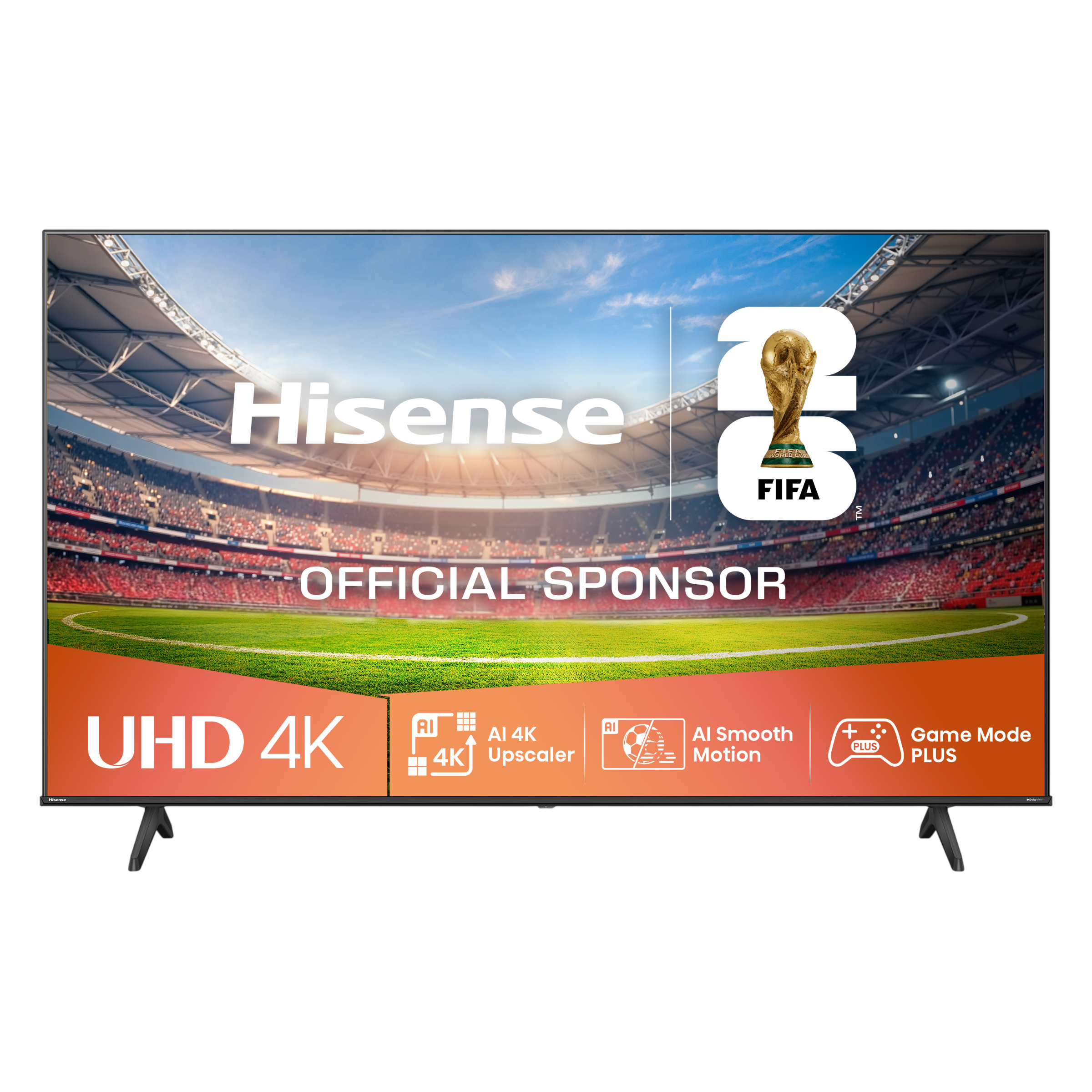 TV Hisense UHD 4K con logo FIFA, fondo de estadio y características.