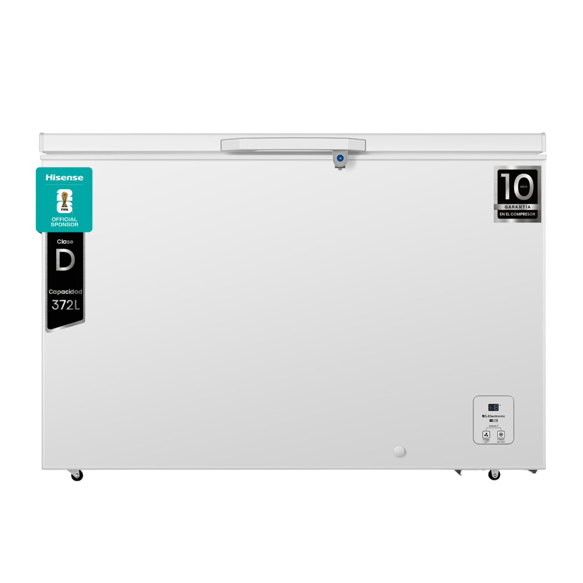 Arcón congelador Hisense blanco con logo FIFA, clase D y 372L de capacidad.