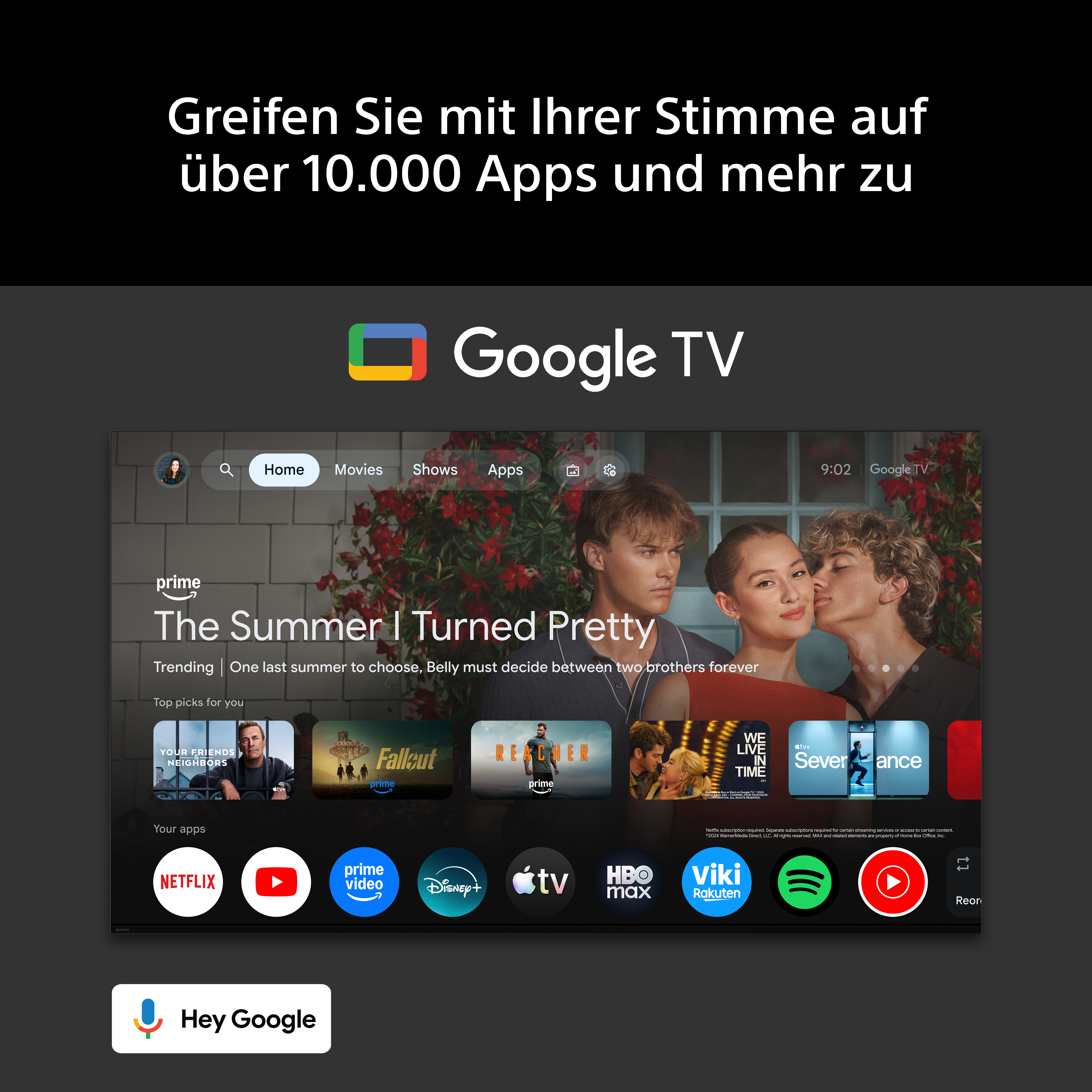 Google TV mit 'The Summer I Turned Pretty'-Vorschau und App-Symbolen.