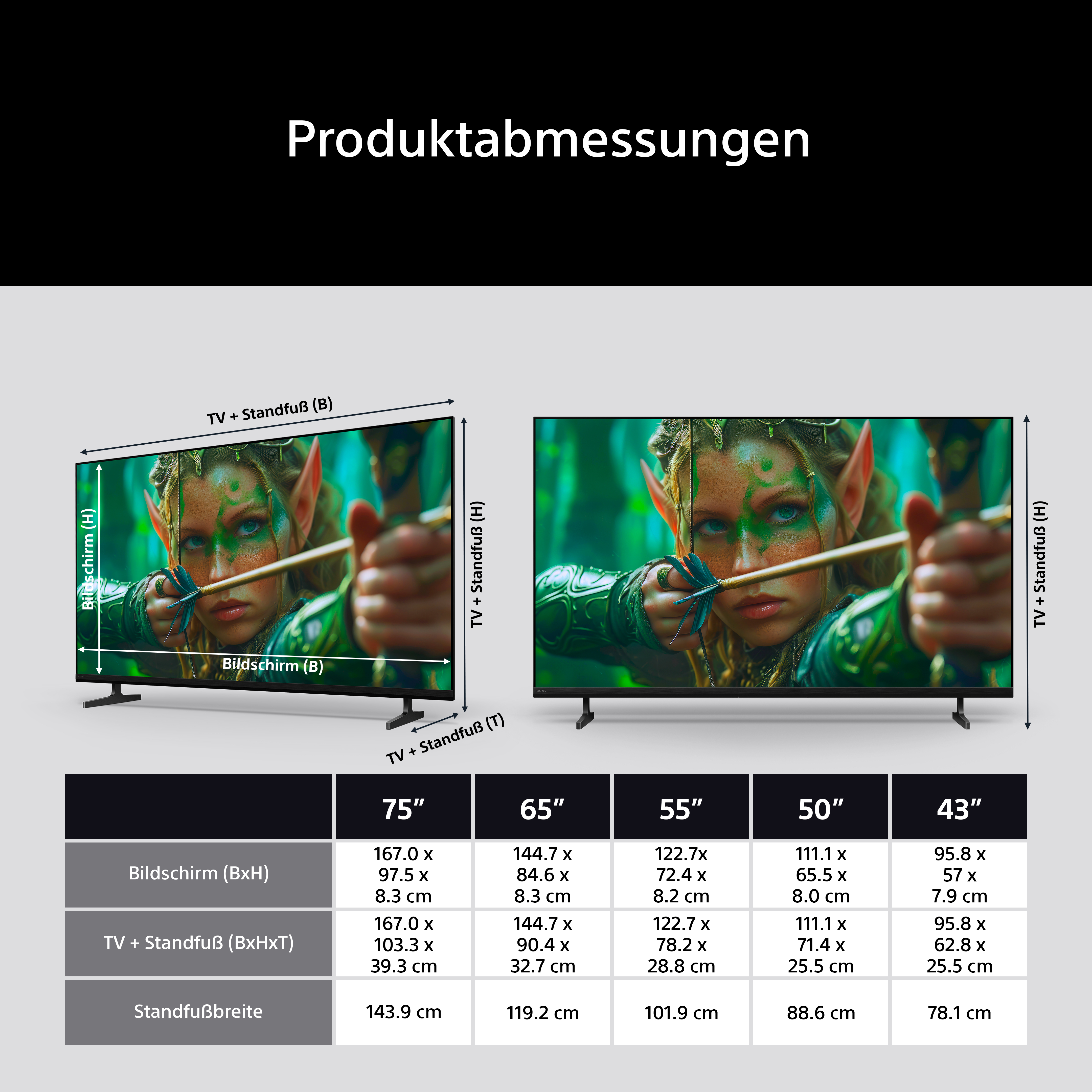 Produktabmessungen mit zwei Fernsehern, die einen Elfen zeigen, und einer Tabelle mit Größen.