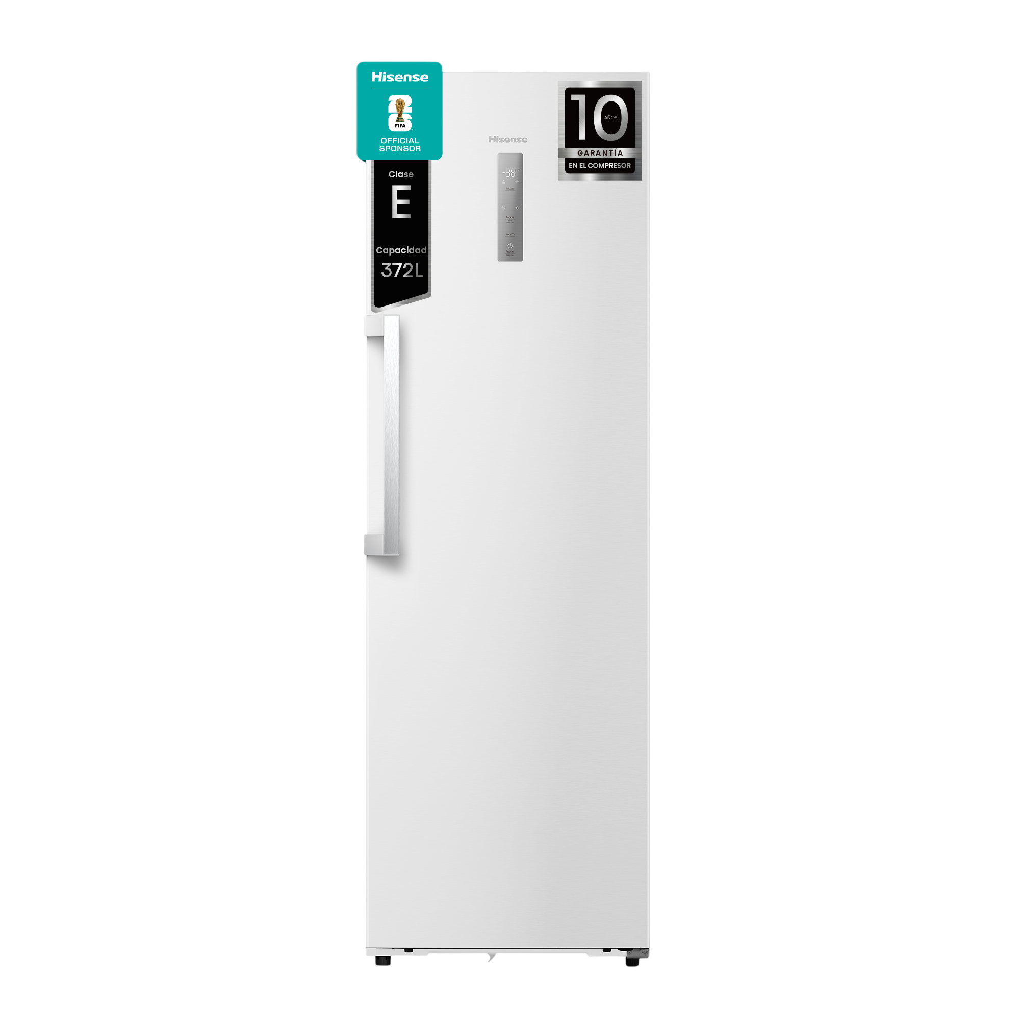Congelador Hisense blanco con asa plateada, clase energética E.