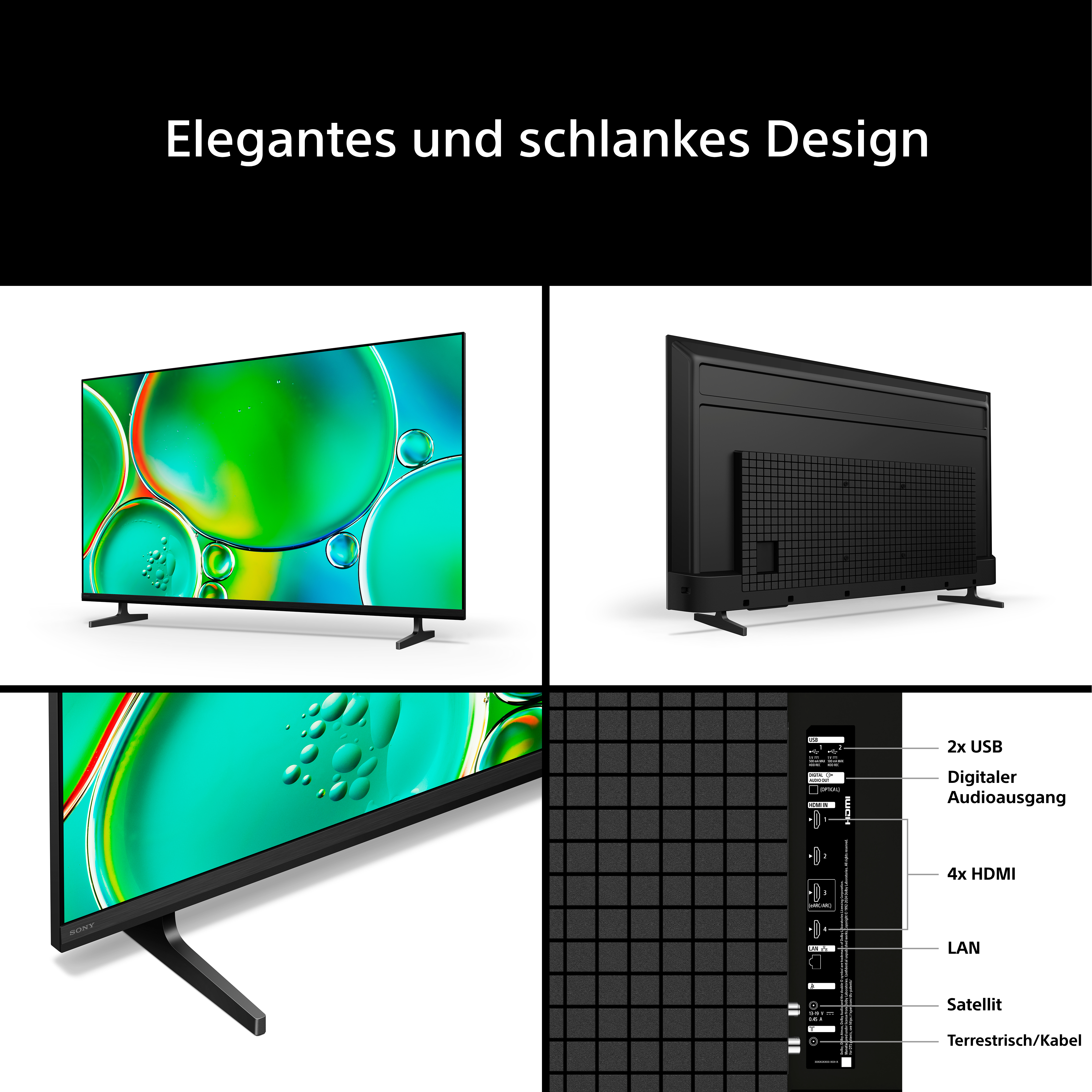 Ein moderner Fernseher mit elegantem Design, Vorder- und Rückansicht mit Anschlüssen.