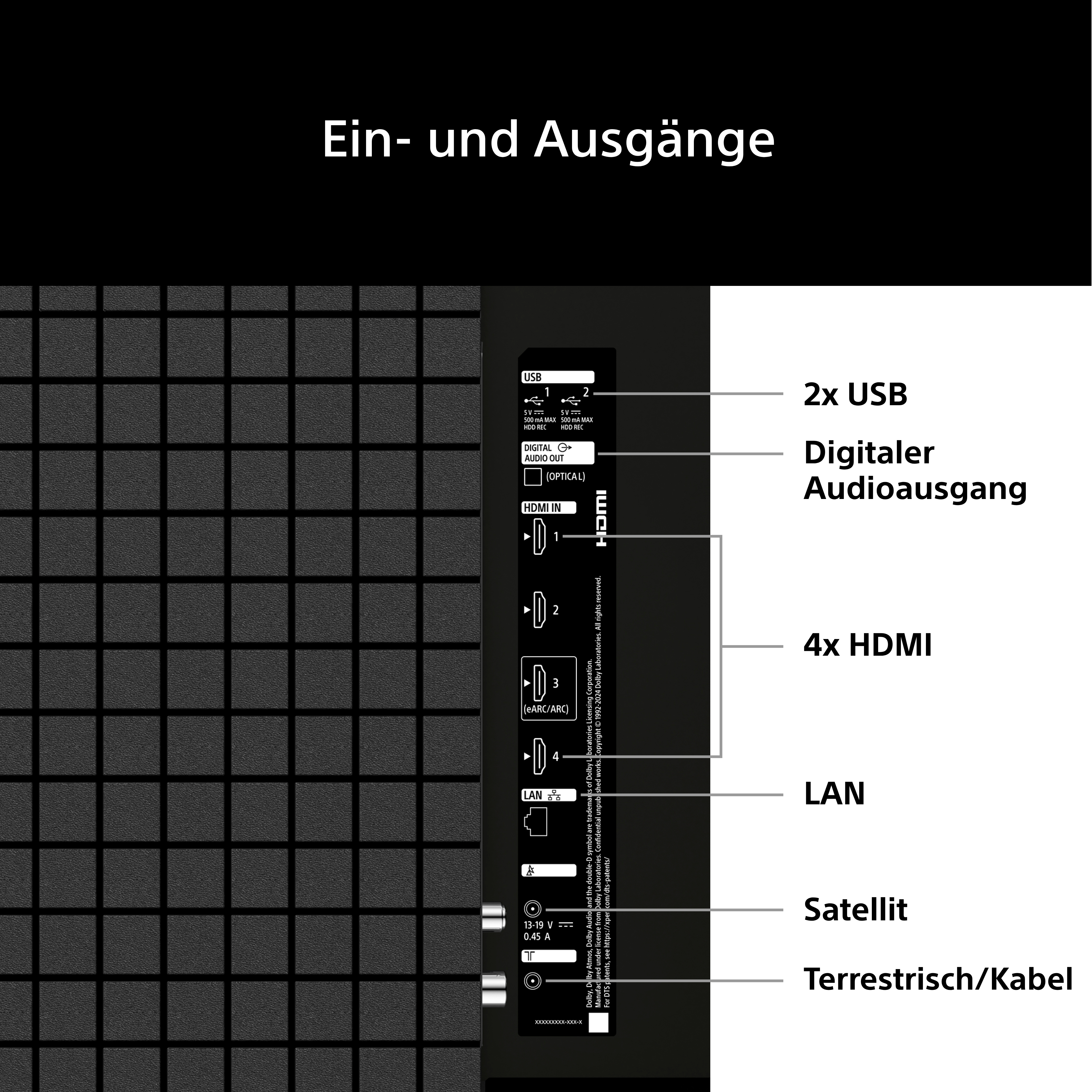 Anschlüsse: 2x USB, Digitaler Audioausgang, 4x HDMI, LAN, Satellit, Terrestrisch/Kabel.