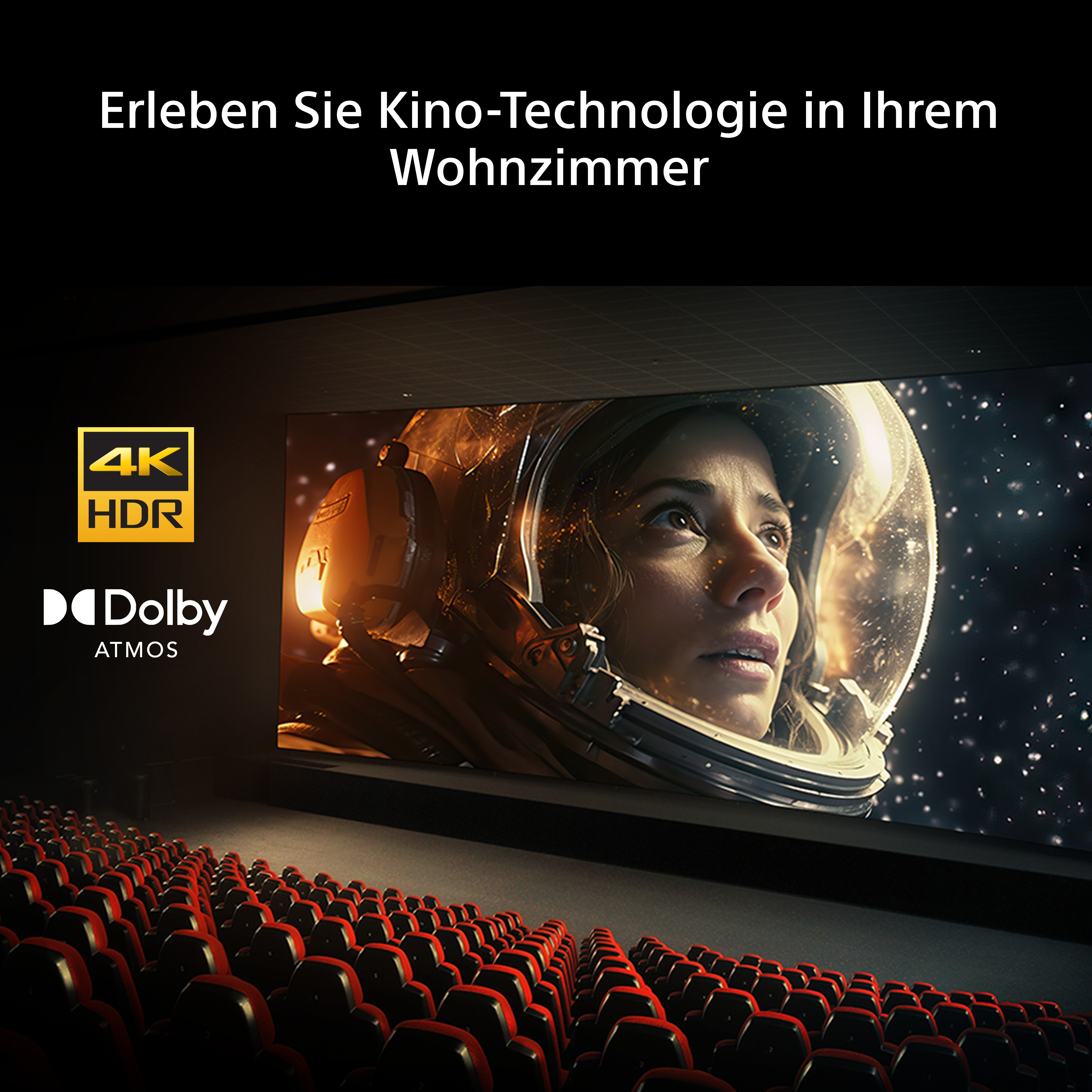 Kinosaal mit Astronauten-Bildschirm, 4K HDR und Dolby Atmos Logo.