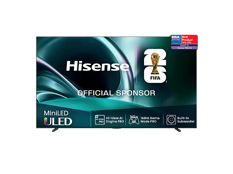 TV Mini LED 100" - Hisense 100U7Q, UHD 4K, Subwoofer integrado, 144 Hz, Hi-View IA Pro, Dolby Vusion IQ & Atmos, Negro