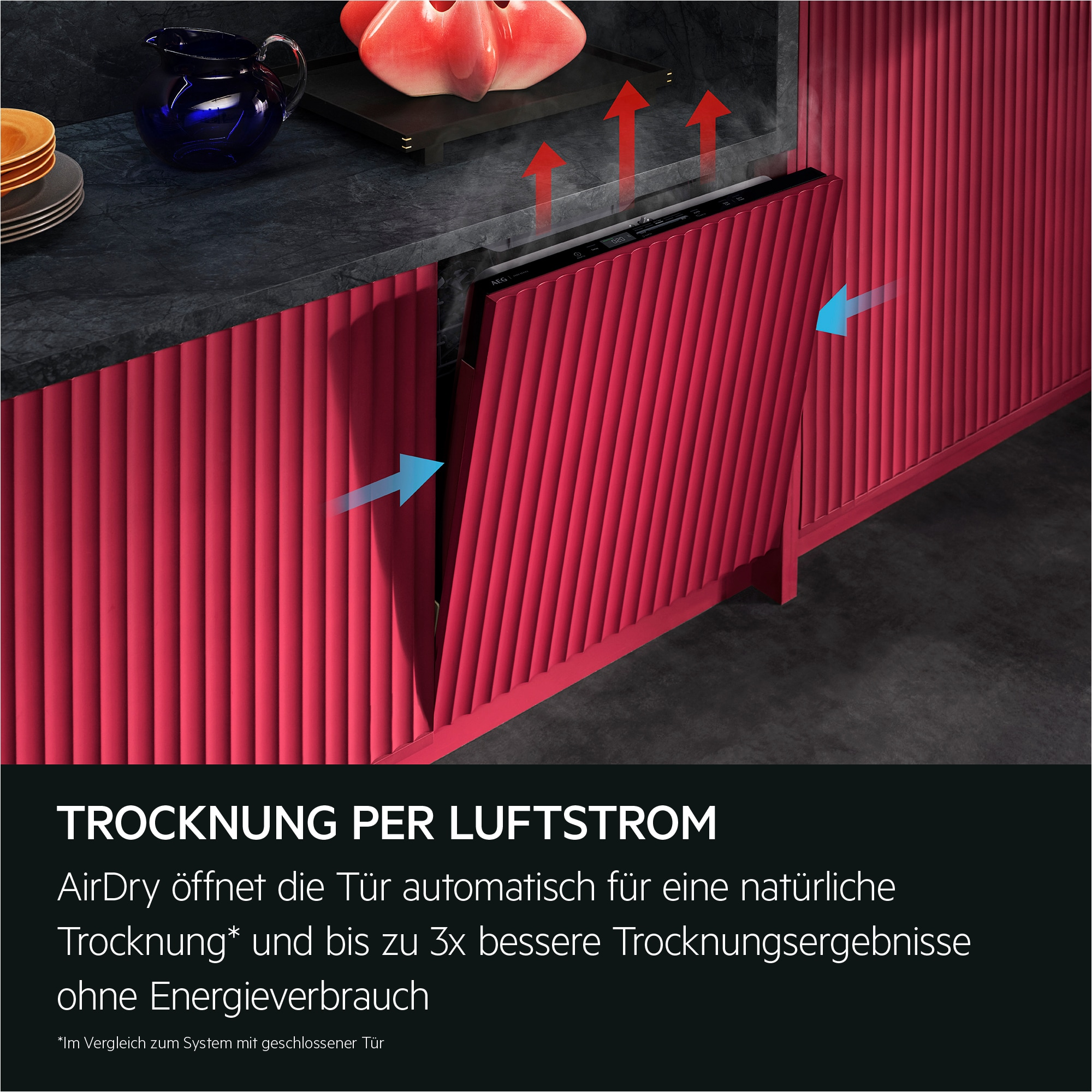 Geschirrspüler mit roter Front, Luftstrom-Trocknung wird durch Pfeile angezeigt.