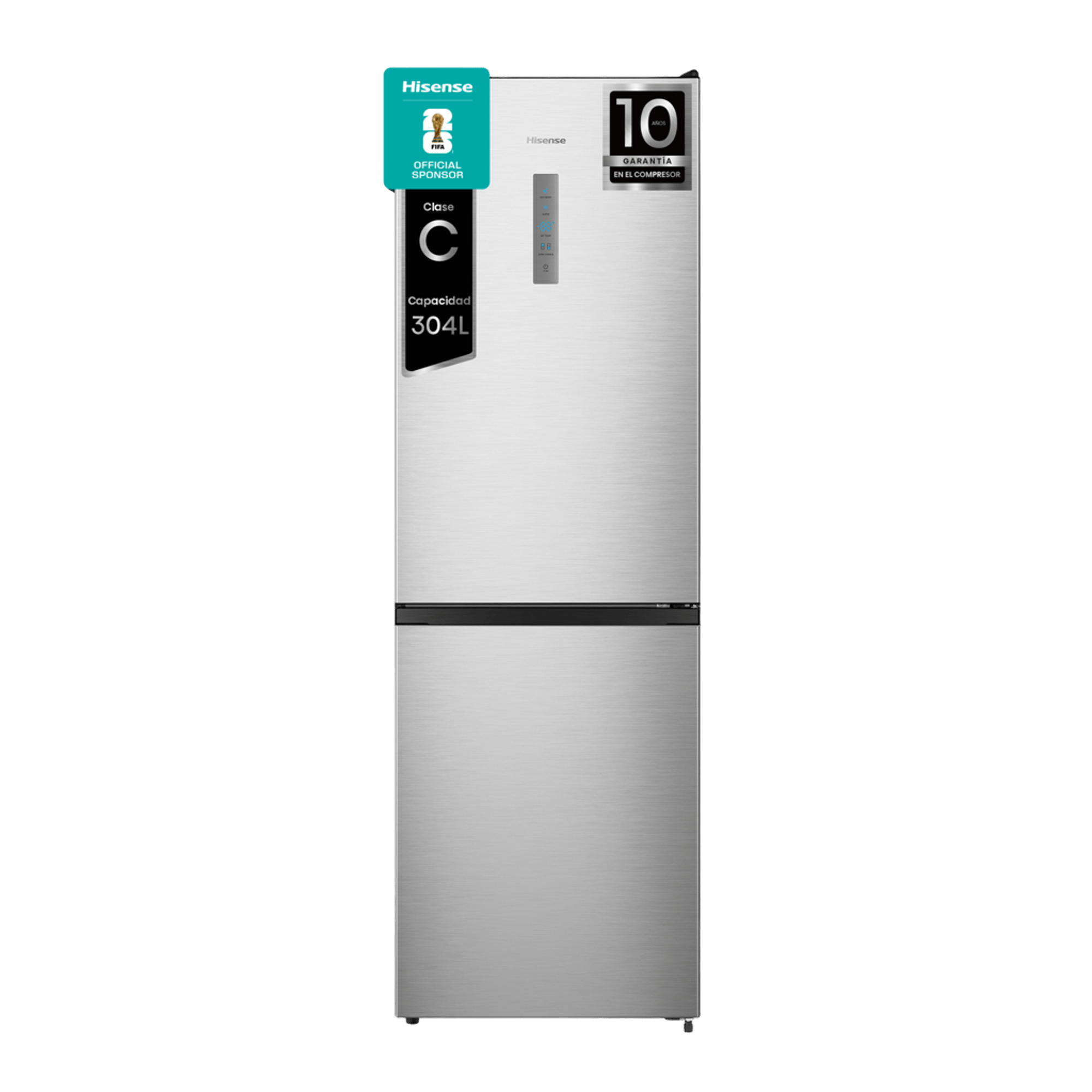 Refrigerador plateado Hisense con etiqueta de patrocinador FIFA y garantía de 10 años. Clase C.