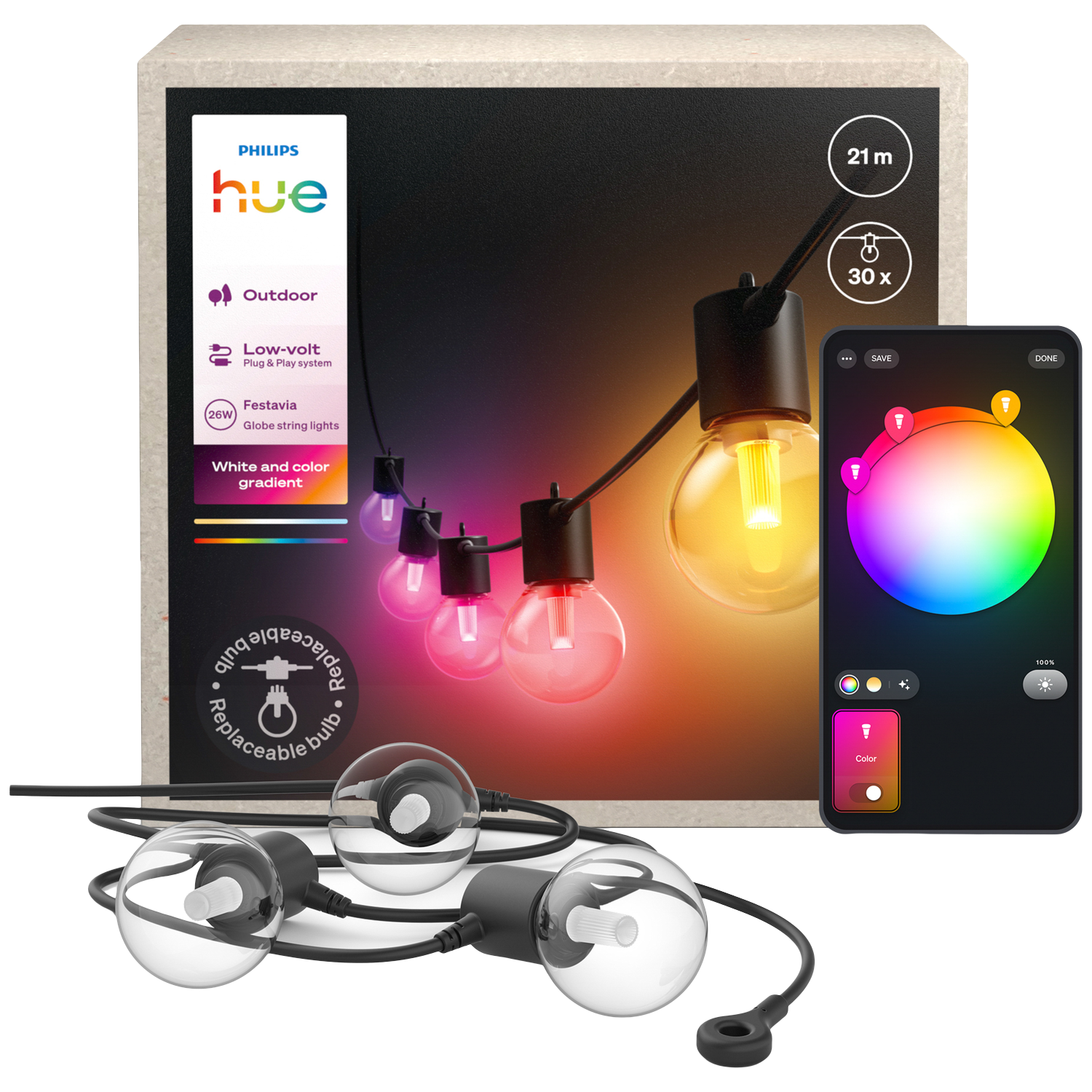 Philips Hue Festavia Outdoor Lichtsnoer Met Globe-lampen 21 Meter 30 Lampen Lichtsnoer