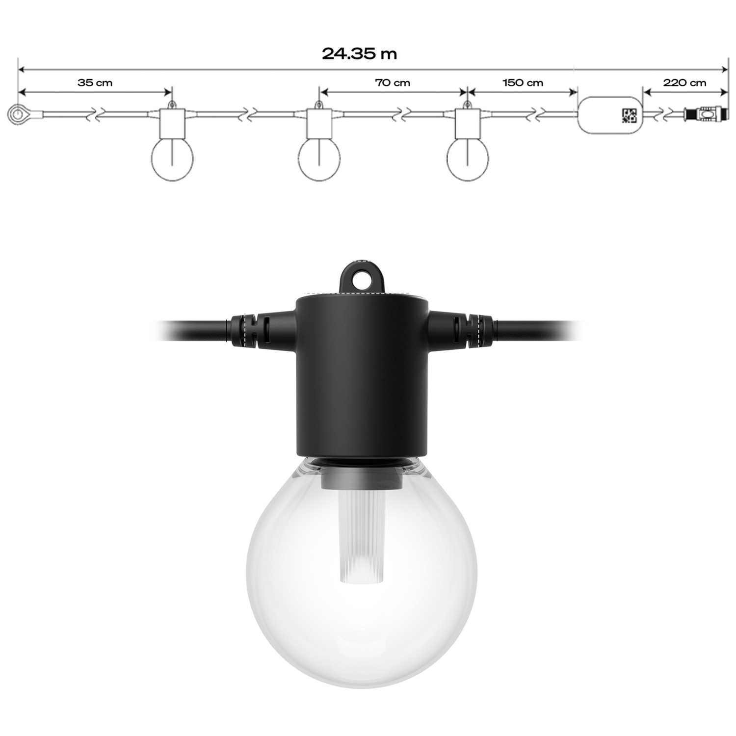 Technical drawing of a string light with dimensions and close-up of a bulb.