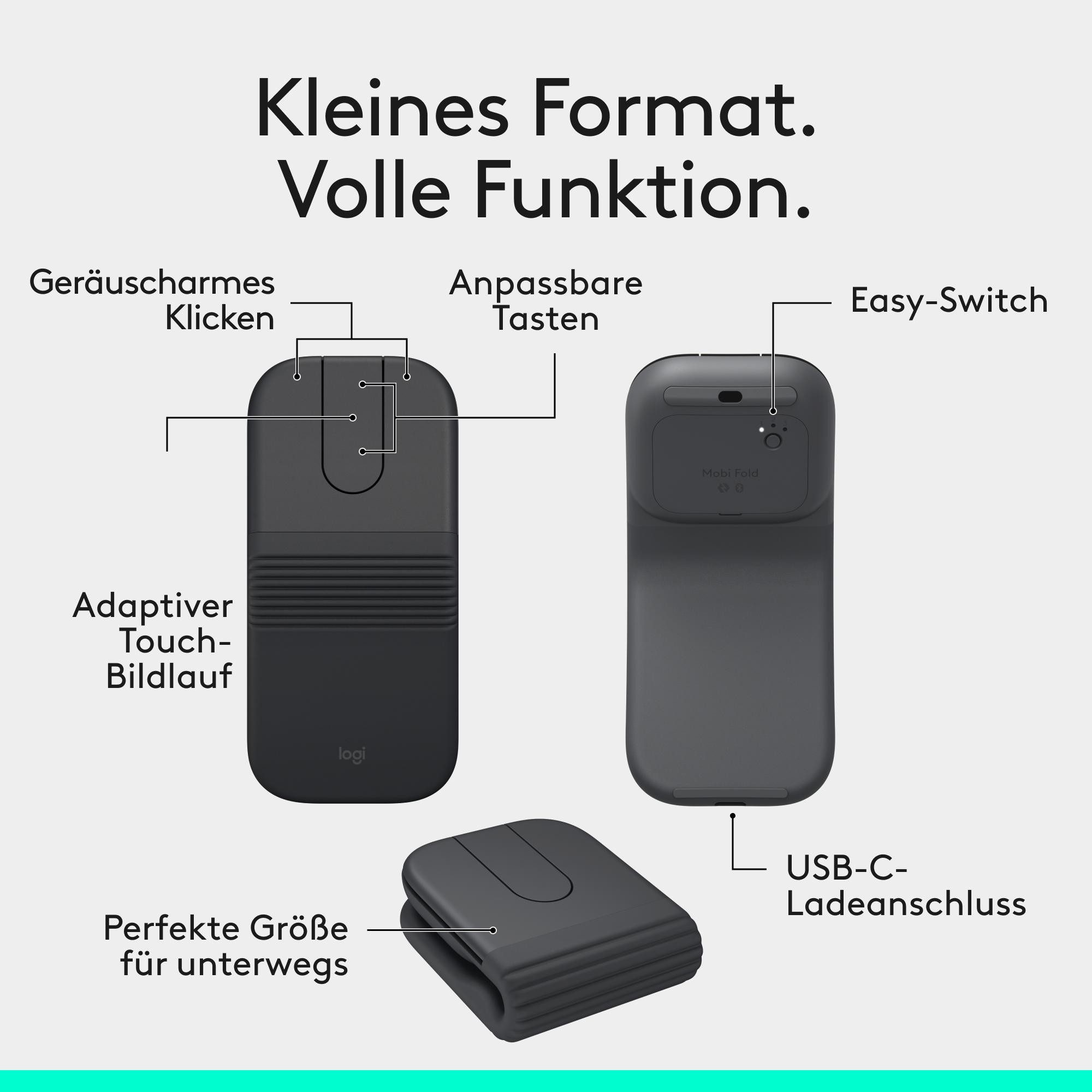Drei graue Logitech-Geräte: Maus, Kappe und Ladeanschluss.