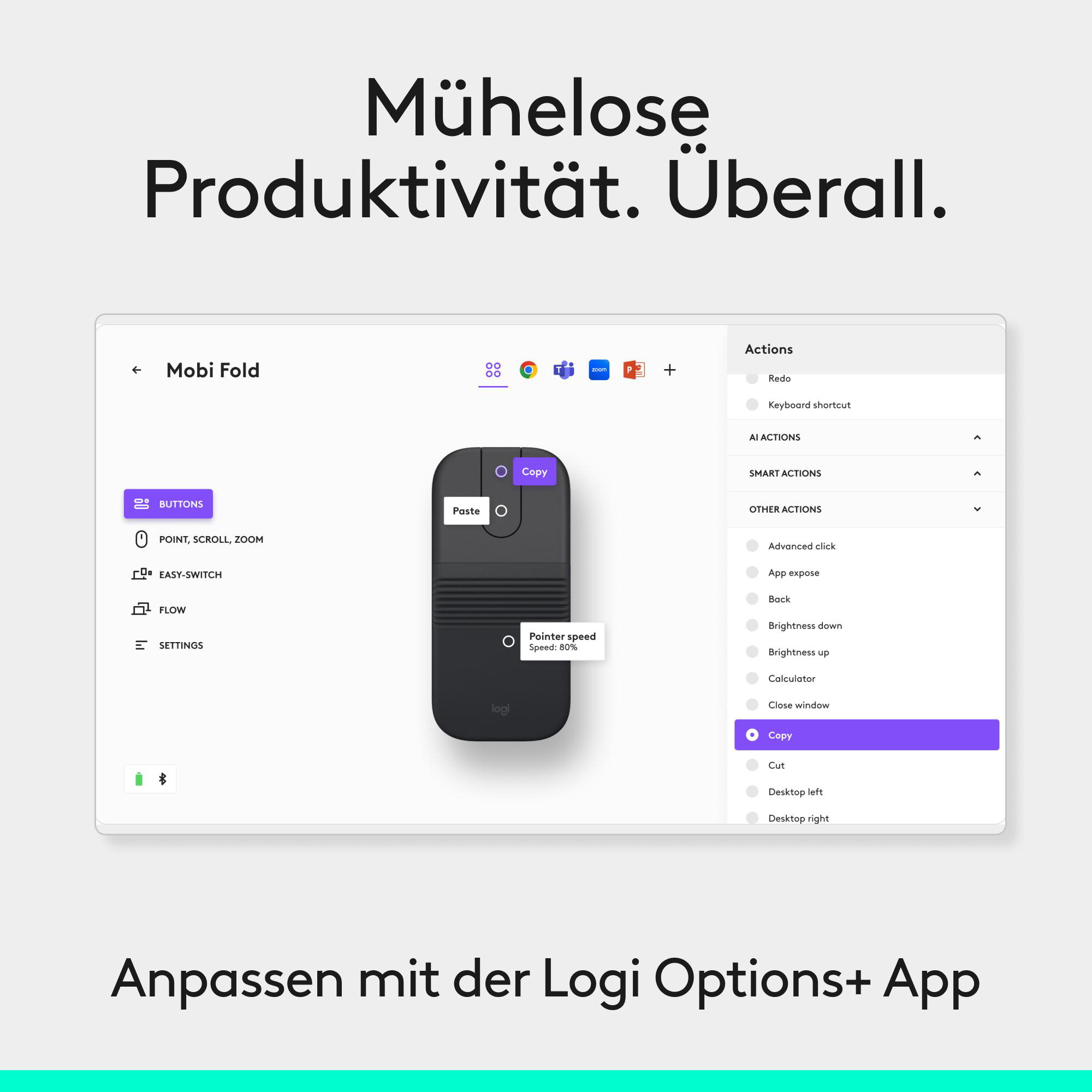 Die Logi Options+ App zeigt eine Maus-Konfiguration mit aktiver Kopierfunktion.
