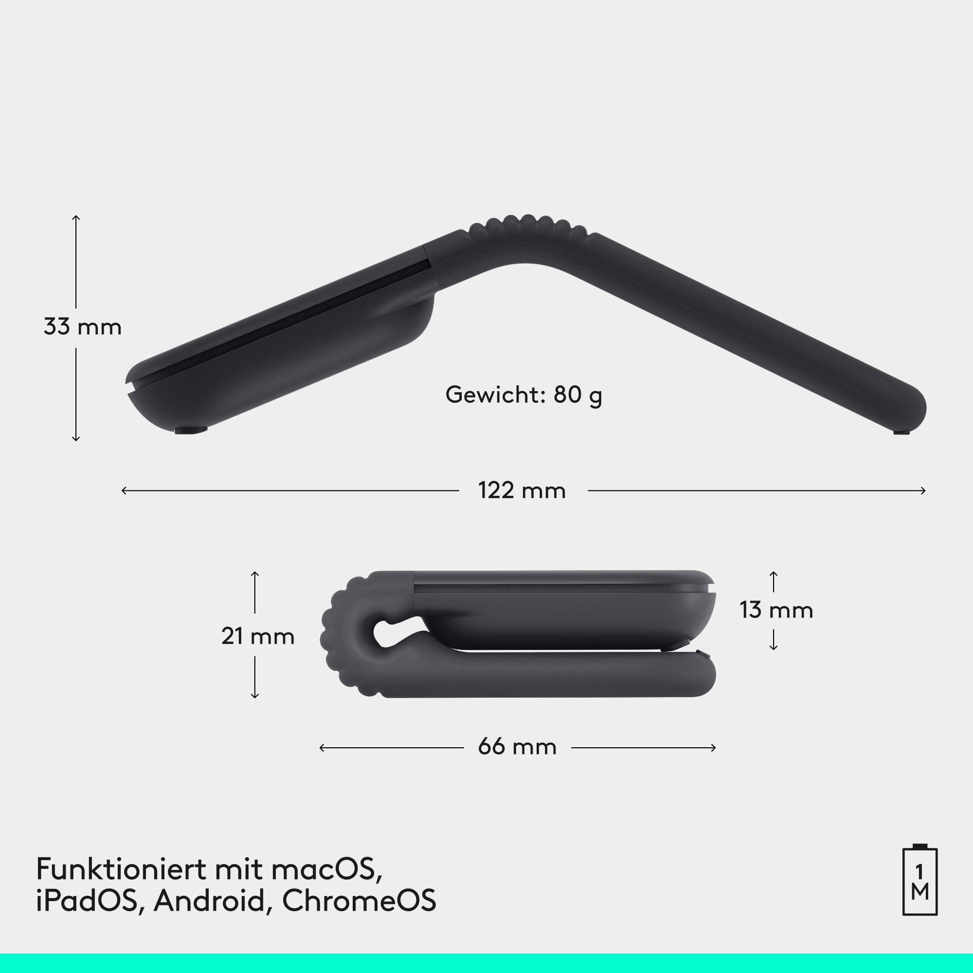 Graues elektronisches Gerät mit Maßen 122x33x21 mm, 80g.