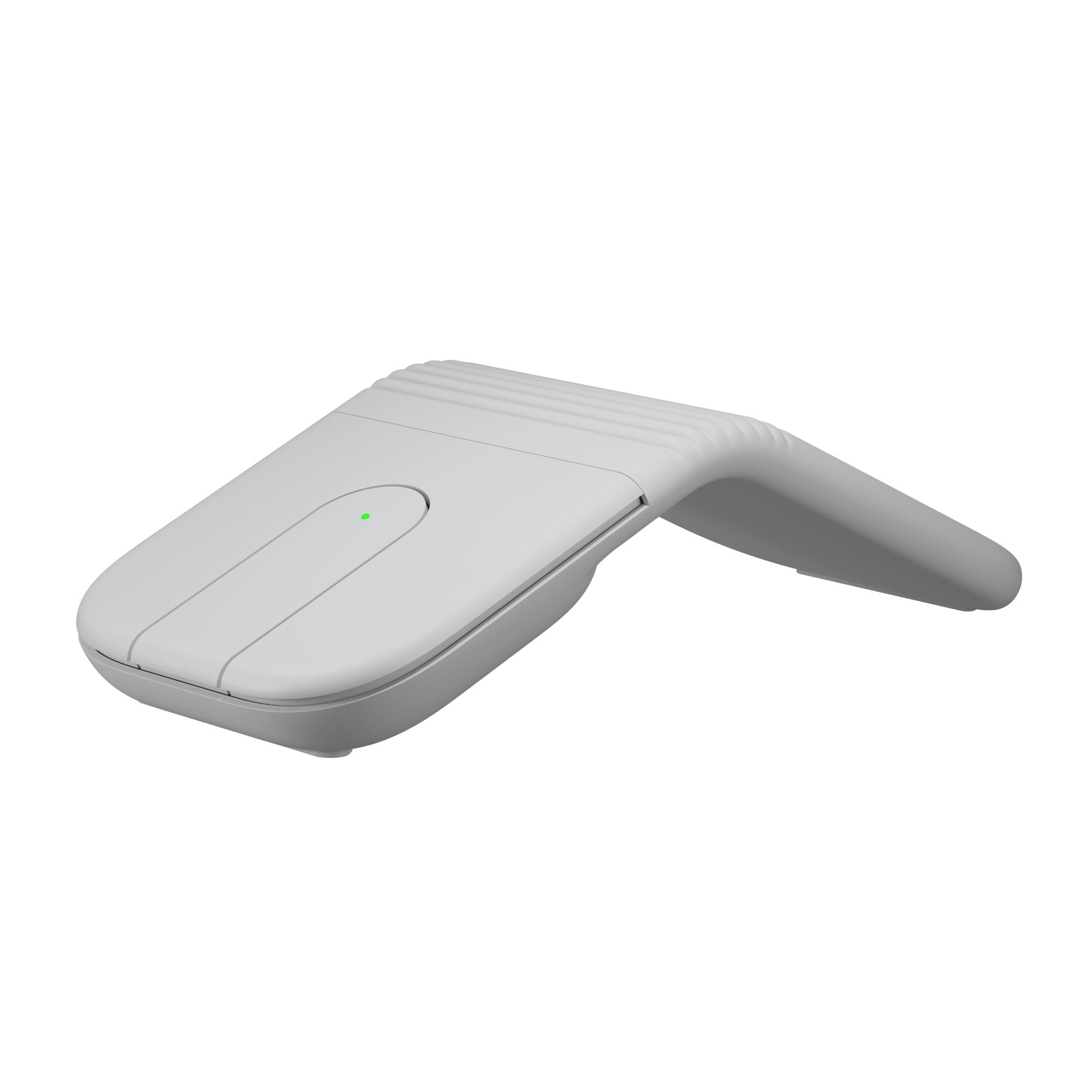 Ein graues, ergonomisches Computerzubehör mit einem grünen Licht.
