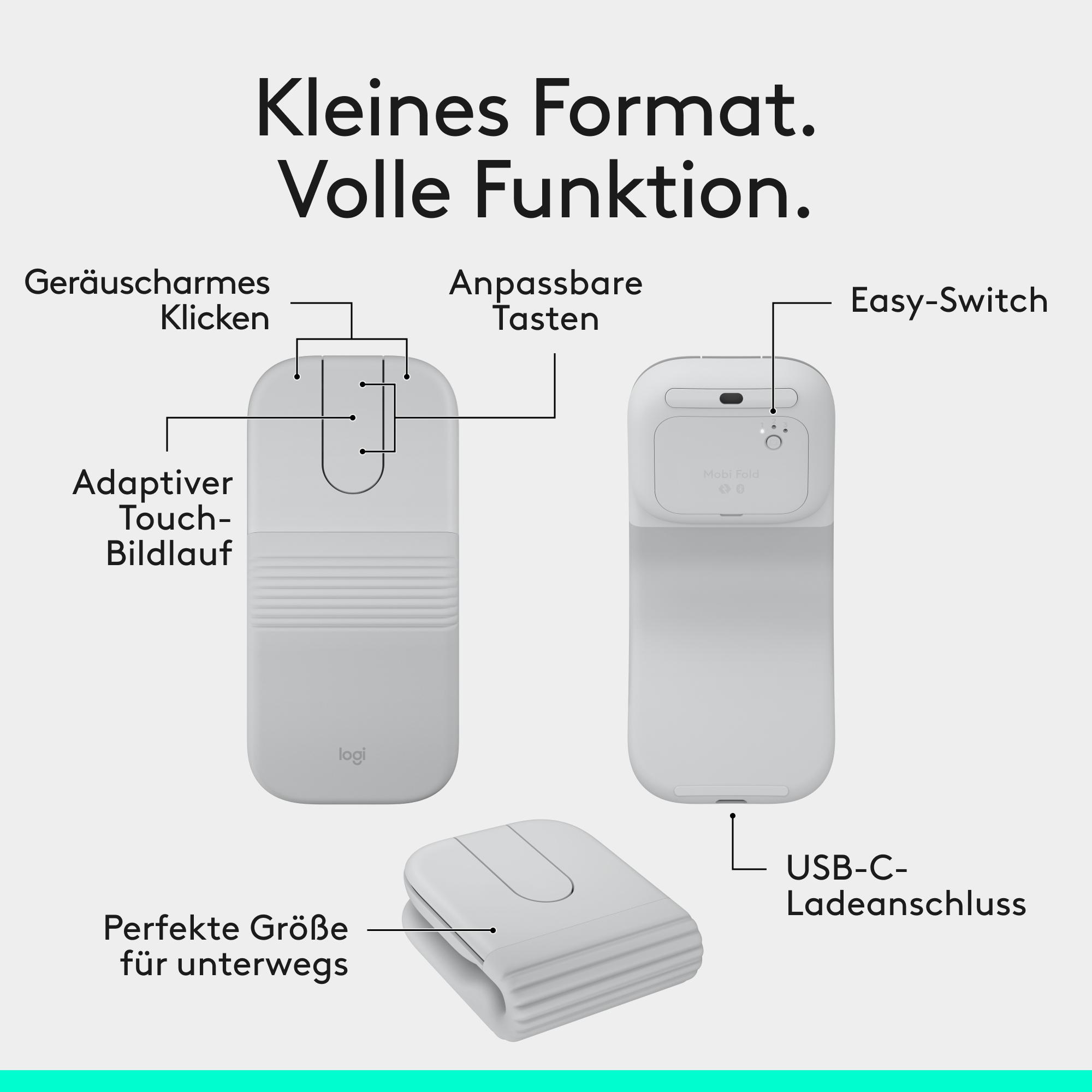 Graues Logitech Maus-Set mit Beschriftungen für Funktionen.