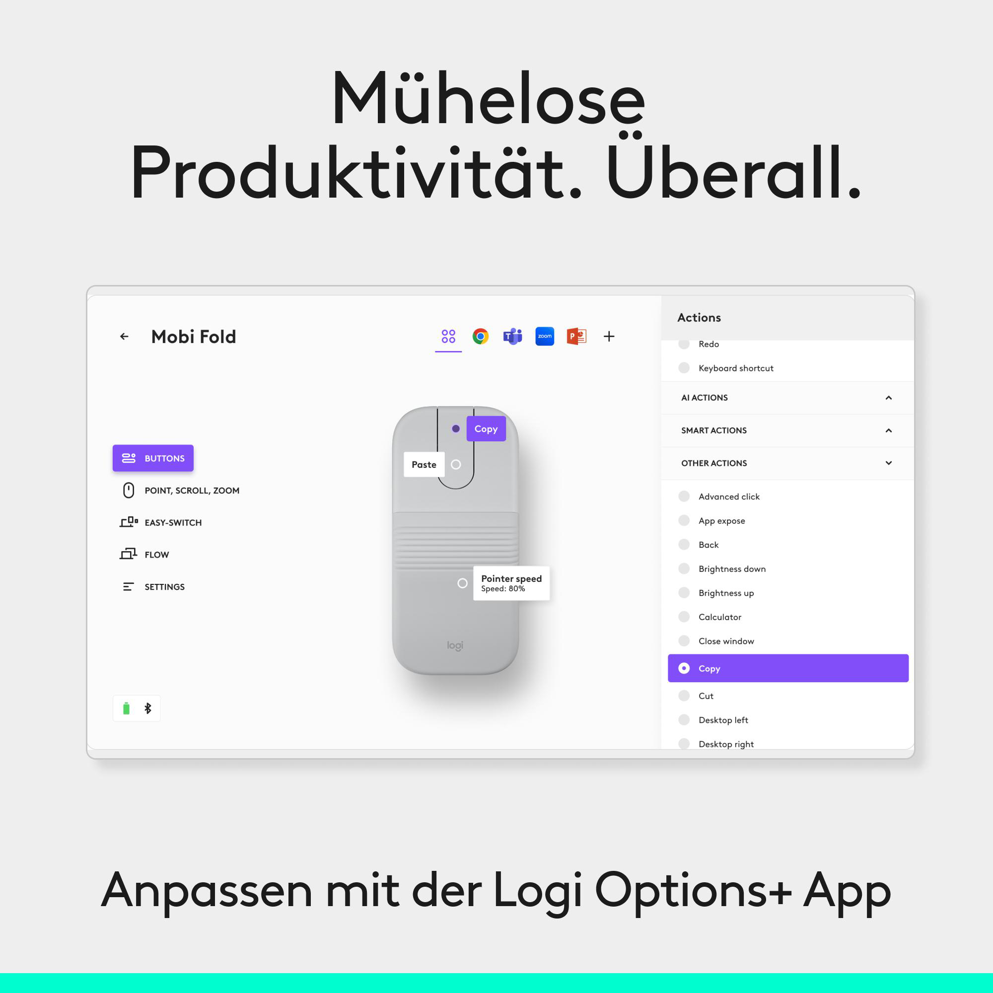 Logi Options+ App zeigt Maus-Anpassungsoptionen, inklusive Kopieren.