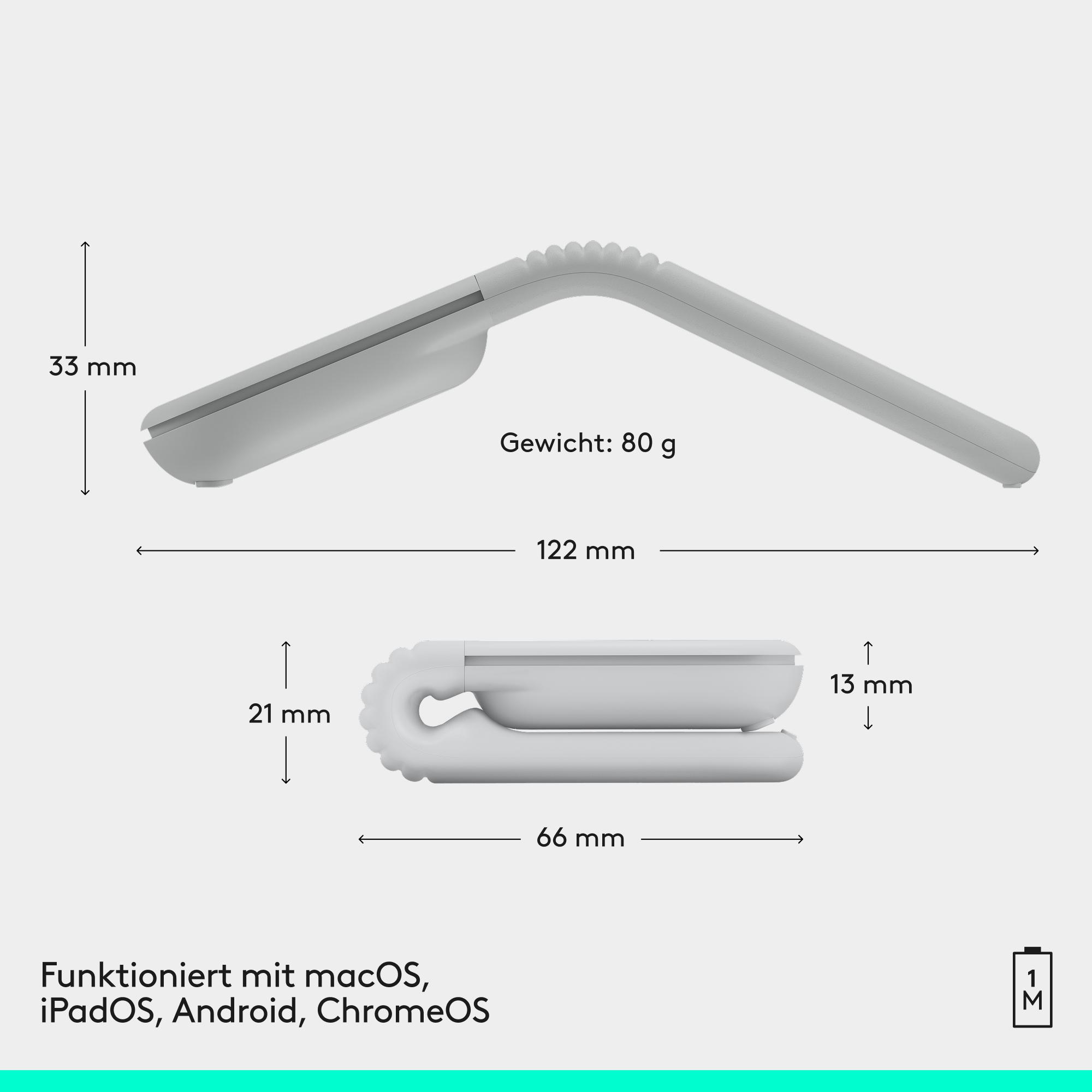 Graues Gerät mit Maßen: 122x33x21mm, Gewicht 80g. Kompatibel mit macOS, iPadOS, Android, ChromeOS.