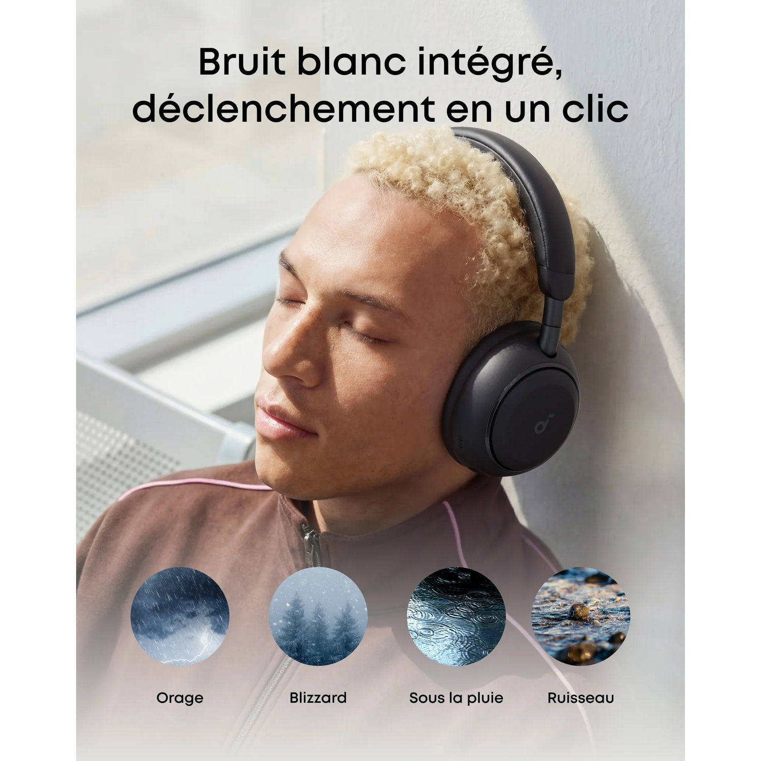 Homme portant un casque, les yeux fermés. Images d'orage, de blizzard, de pluie et de ruisseau.