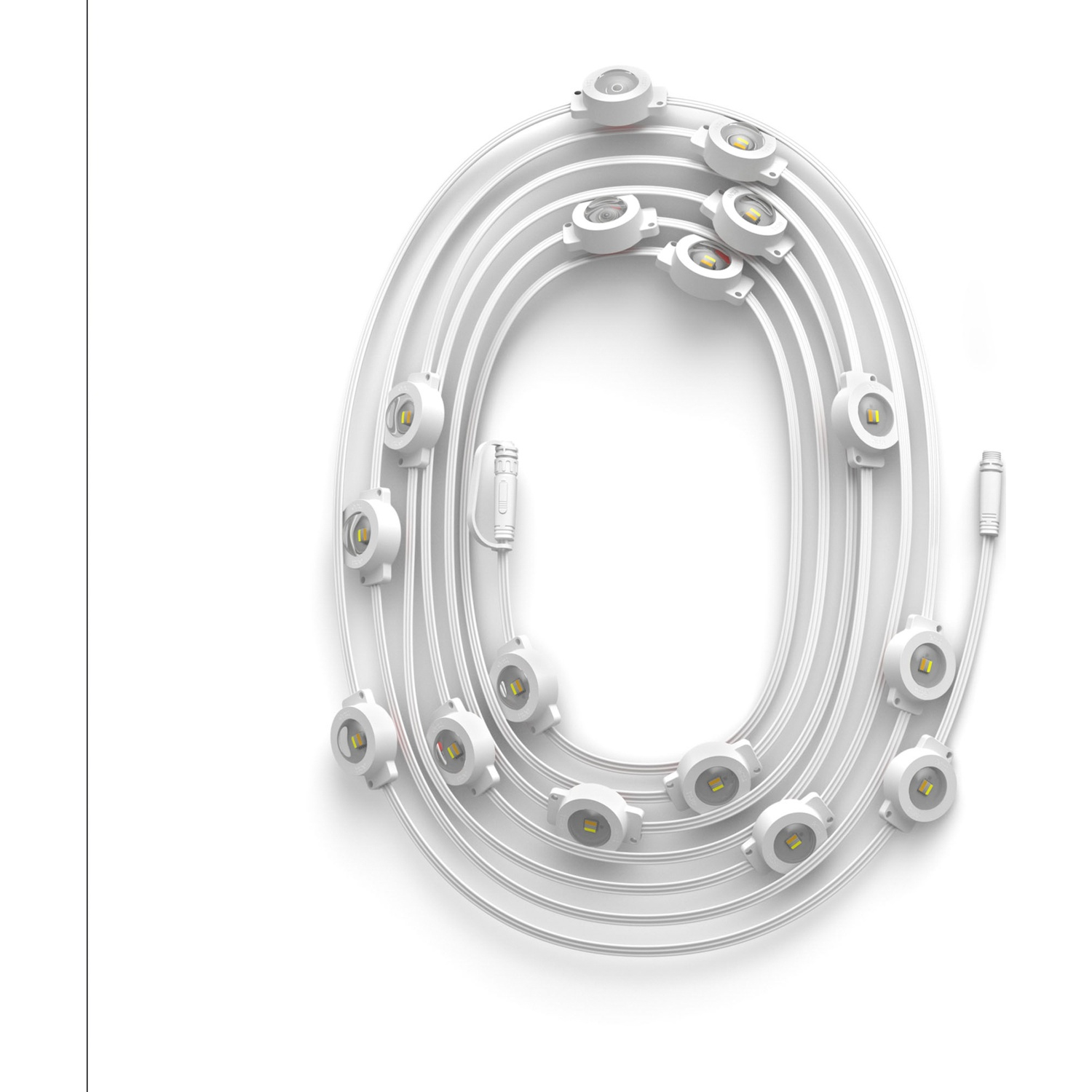Een witte lichtslinger met veel kleine ronde lampjes, op witte achtergrond.