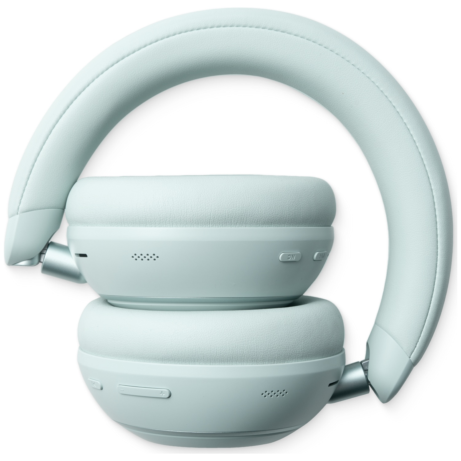 Casque bleu clair avec arceau et écouteurs rembourrés, sur fond blanc.