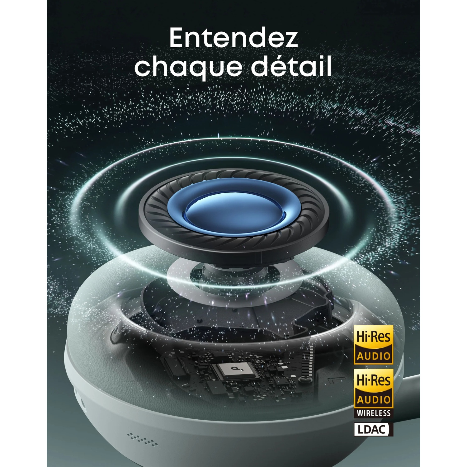 Gros plan d'un casque blanc montrant le transducteur, les circuits et les logos Hi-Res Audio.