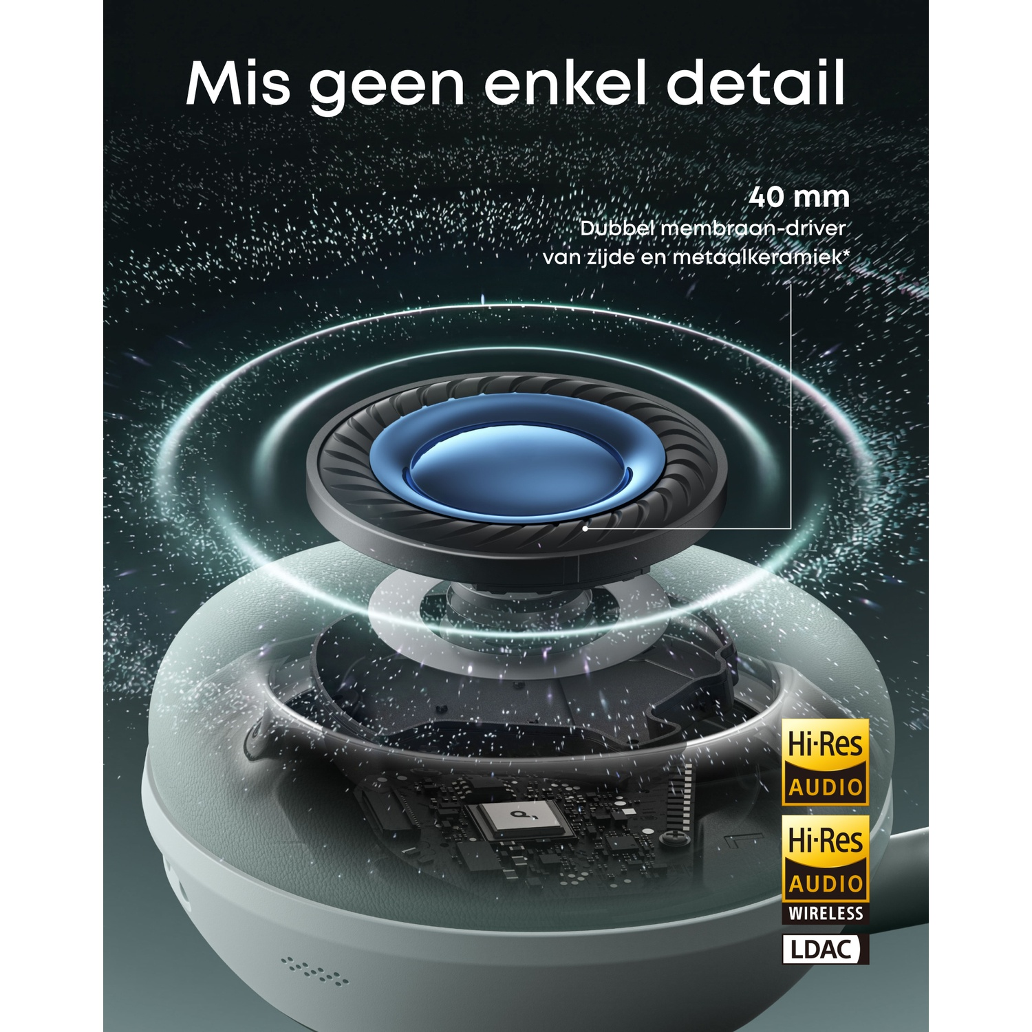 Gros plan d'un haut-parleur de casque avec sceaux Hi-Res Audio et LDAC.