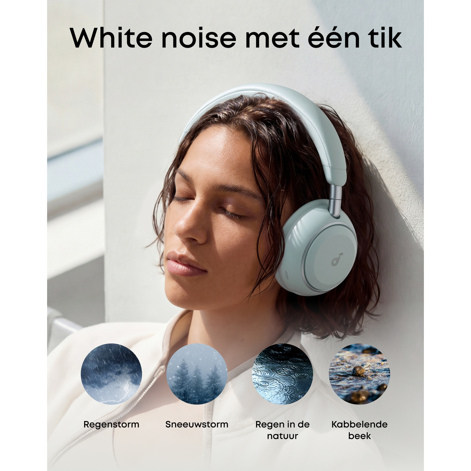 Femme avec casque bleu clair, yeux fermés. Quatre images circulaires en bas : orage, forêt enneigée, pluie, ruisseau.
