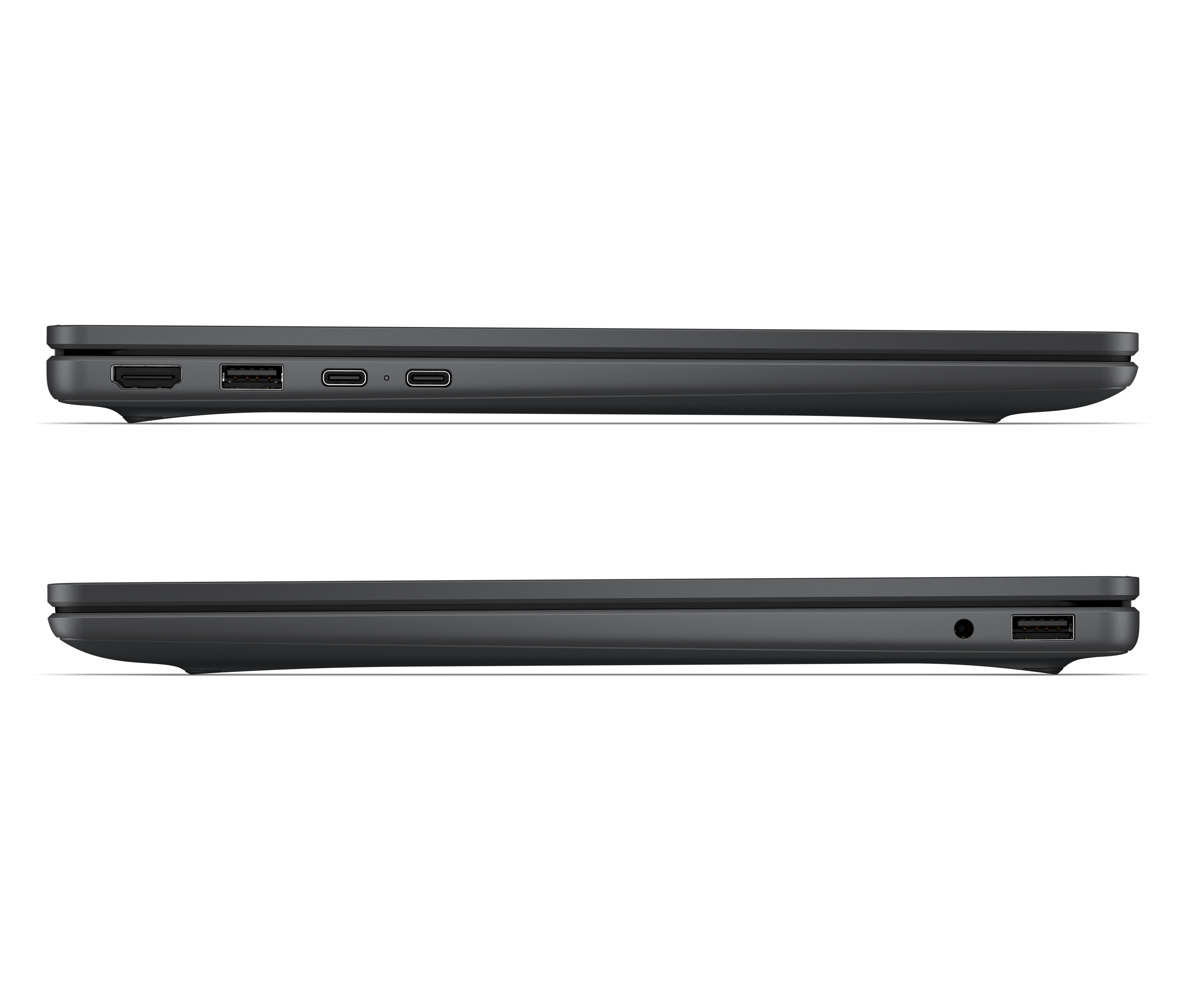 Grauer Laptop von der Seite: oben HDMI, USB-C, USB-A; unten Audiobuchse, USB-A.