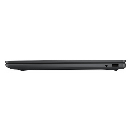 Geschlossener dunkler Laptop im Seitenprofil, mit einem USB-Anschluss und Kopfhöreranschluss.